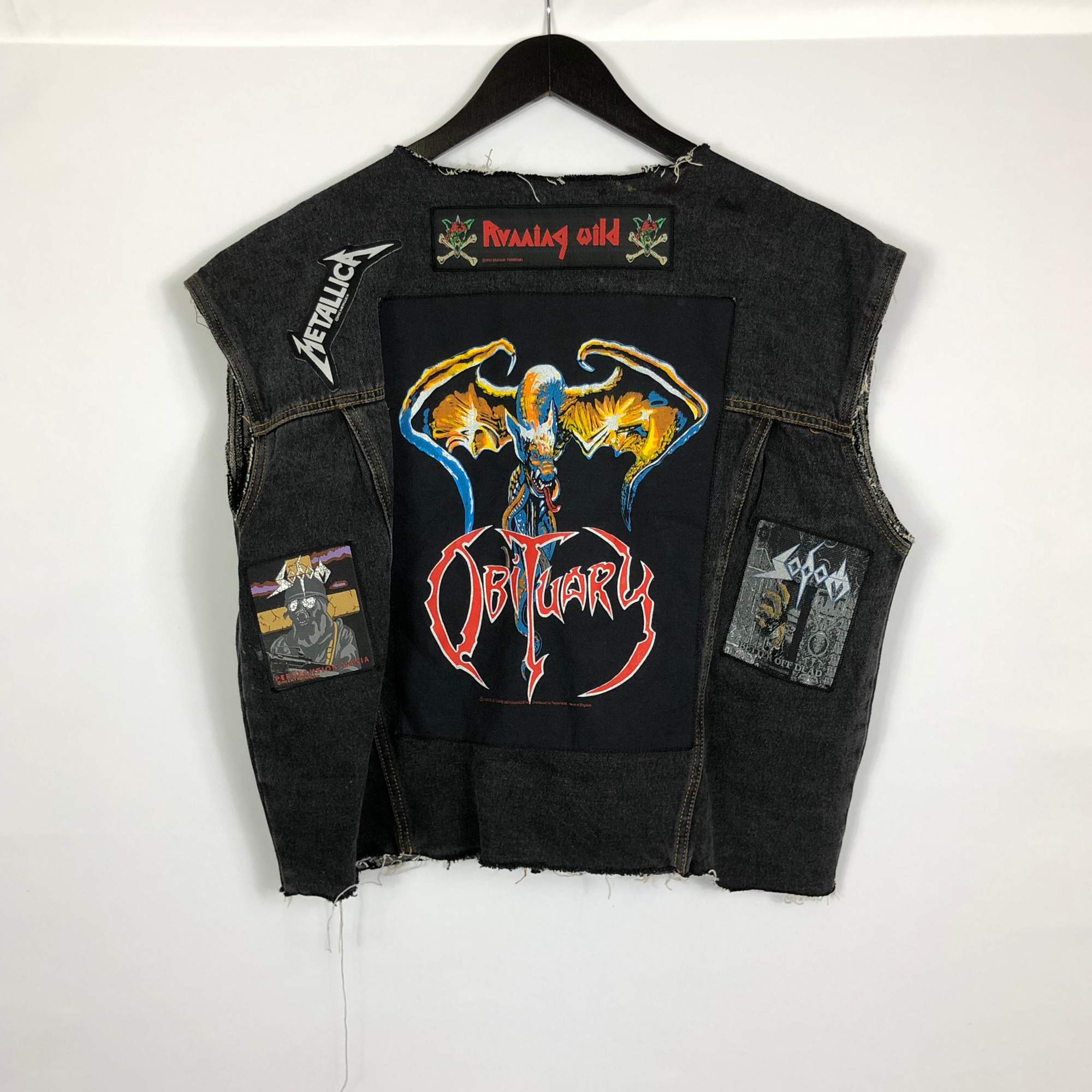 VINTAGE DENIM VEST WITH Gothic & ROCK BAND EMBROIDERED PATCHES - MEN'S Large/ WOMEN'S XL