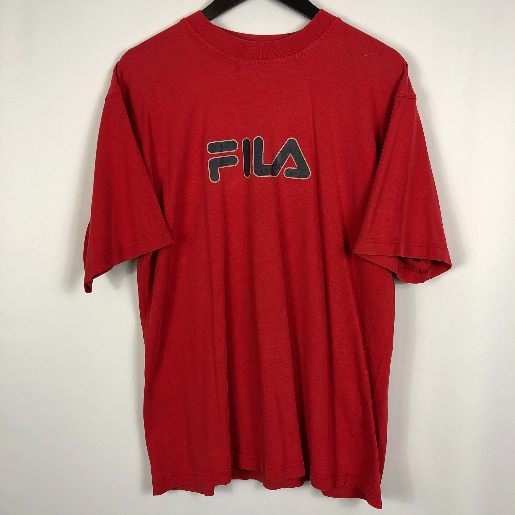 Vintage Fila Spellout Tee in Red - Men’s Large/Women’s XL