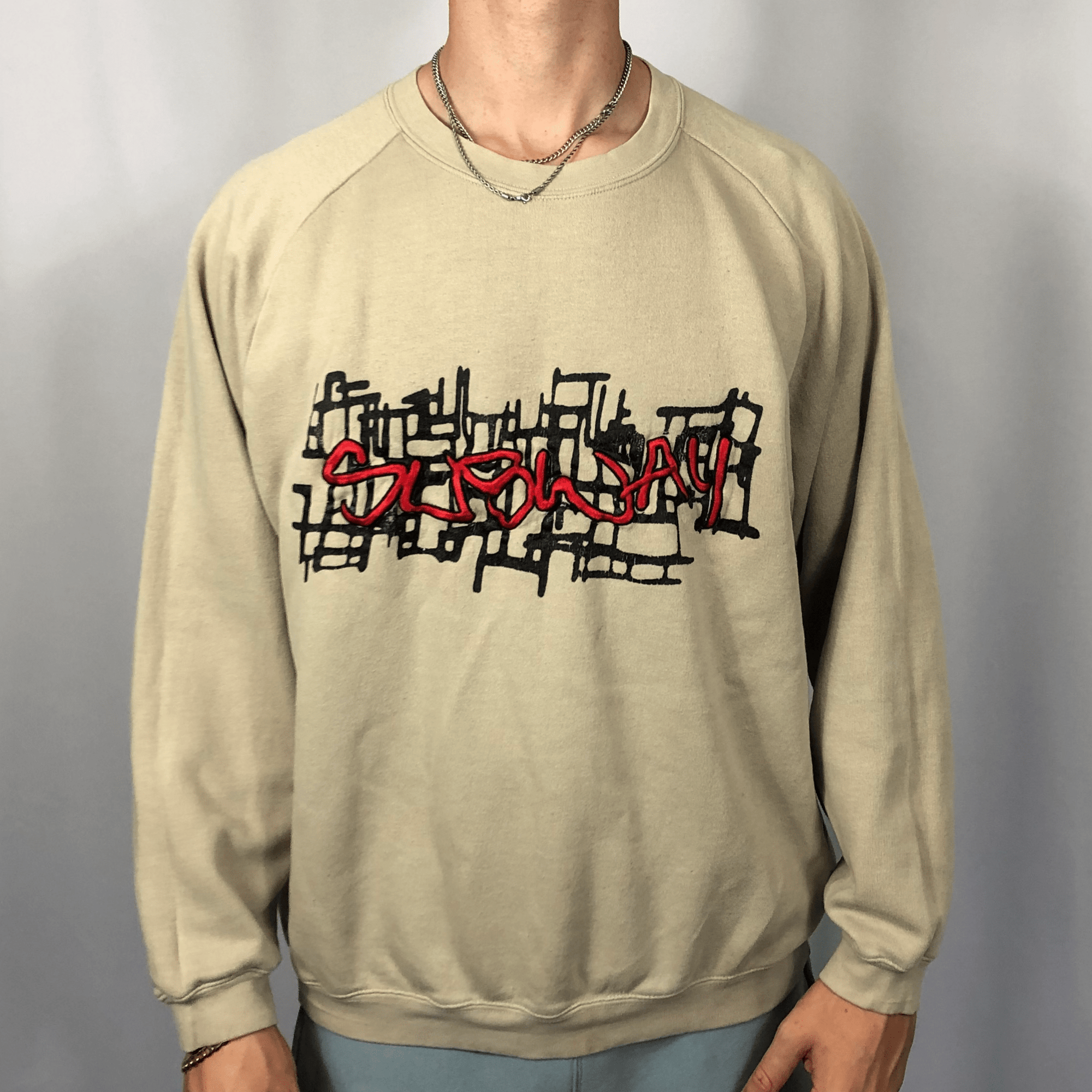 Vintage Sweatshirt with Embroidered Graffiti Spellout - Medium - Vintique Clothing