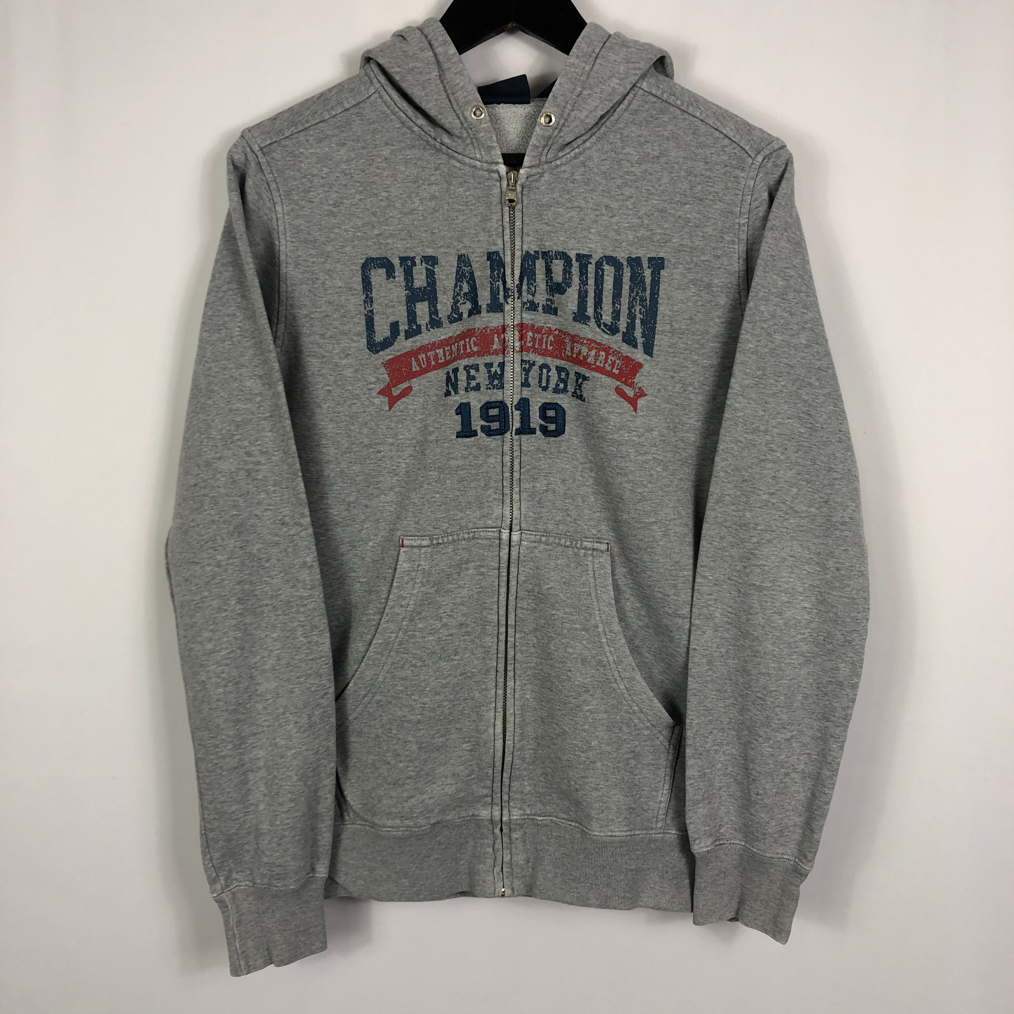 Vintage Champion Spellout Sweatshirt Hoodie in Grey - Men's Small/Women's Large