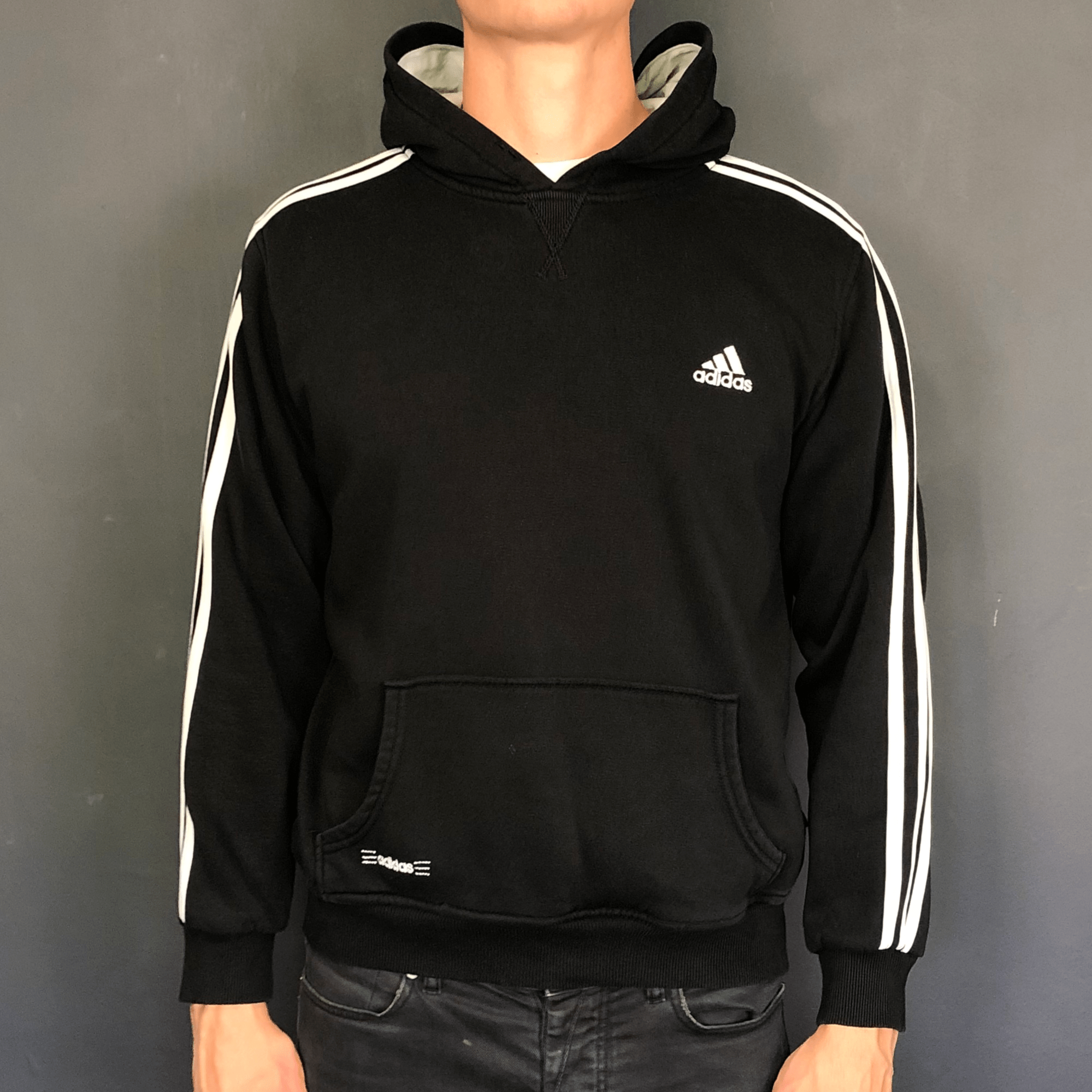 VINTAGE ADIDAS HOODIE WITH EMBROIDERED SPELLOUT - Oversized Medium/Fitted Large - Vintique Clothing