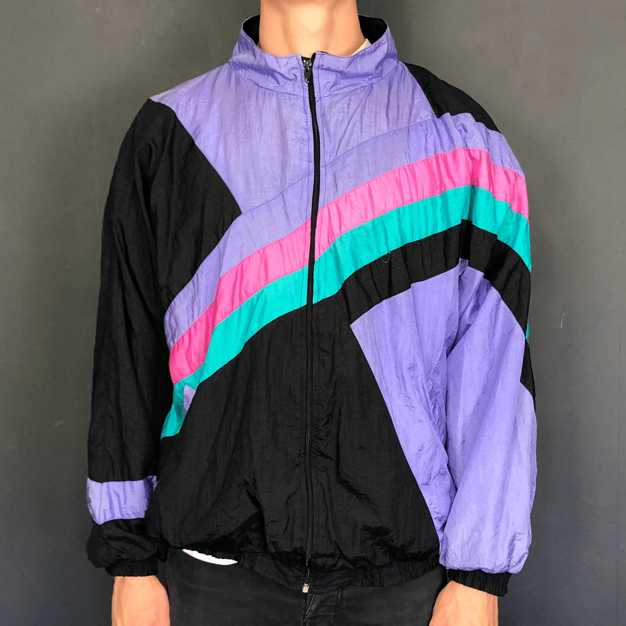 VINTAGE Neon Stripe TRACK JACKET - Large - Vintique Clothing