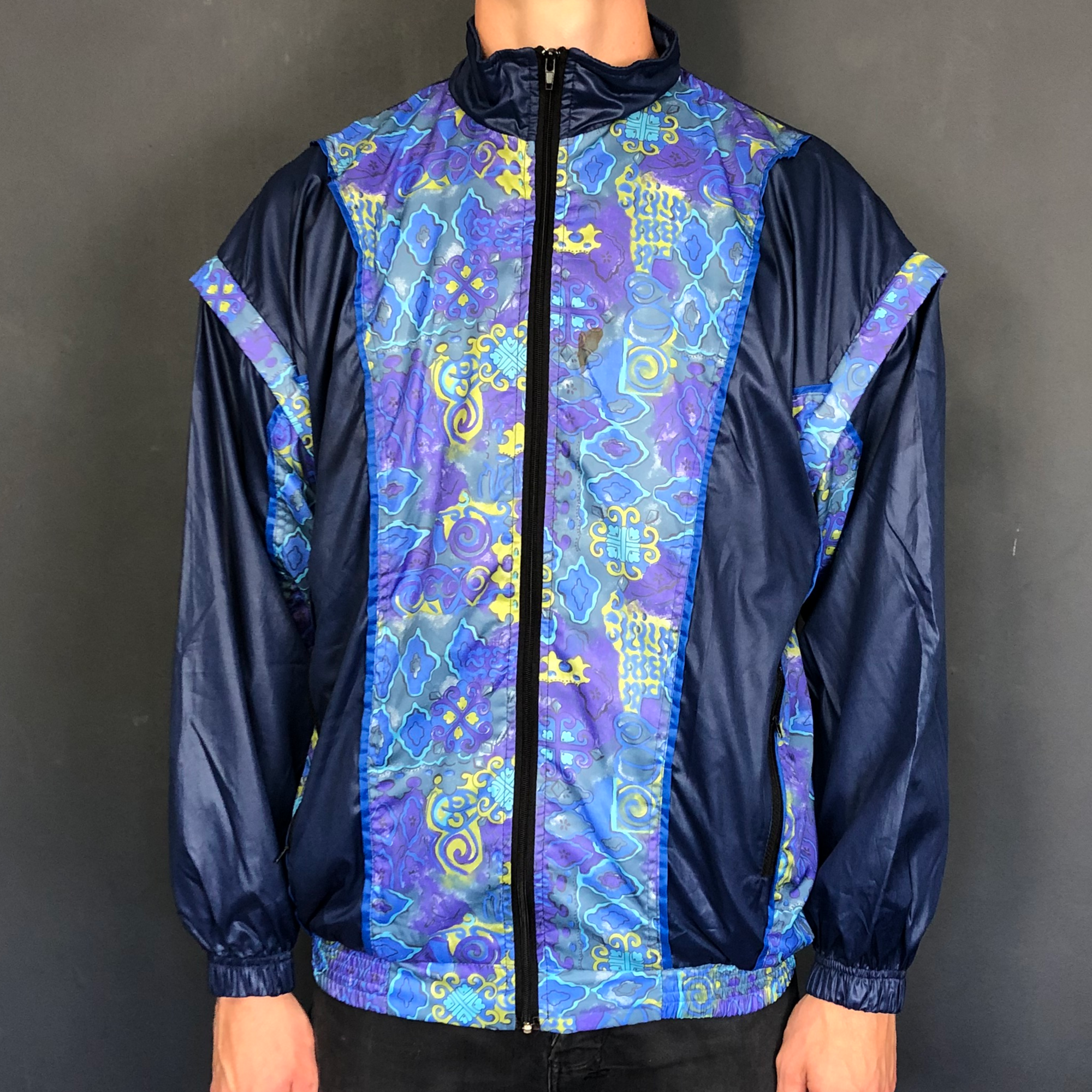 VINTAGE  Crazy Print TRACK JACKET / SHELL JACKET WITH REMOVABLE SLEEVES - Large - Vintique Clothing