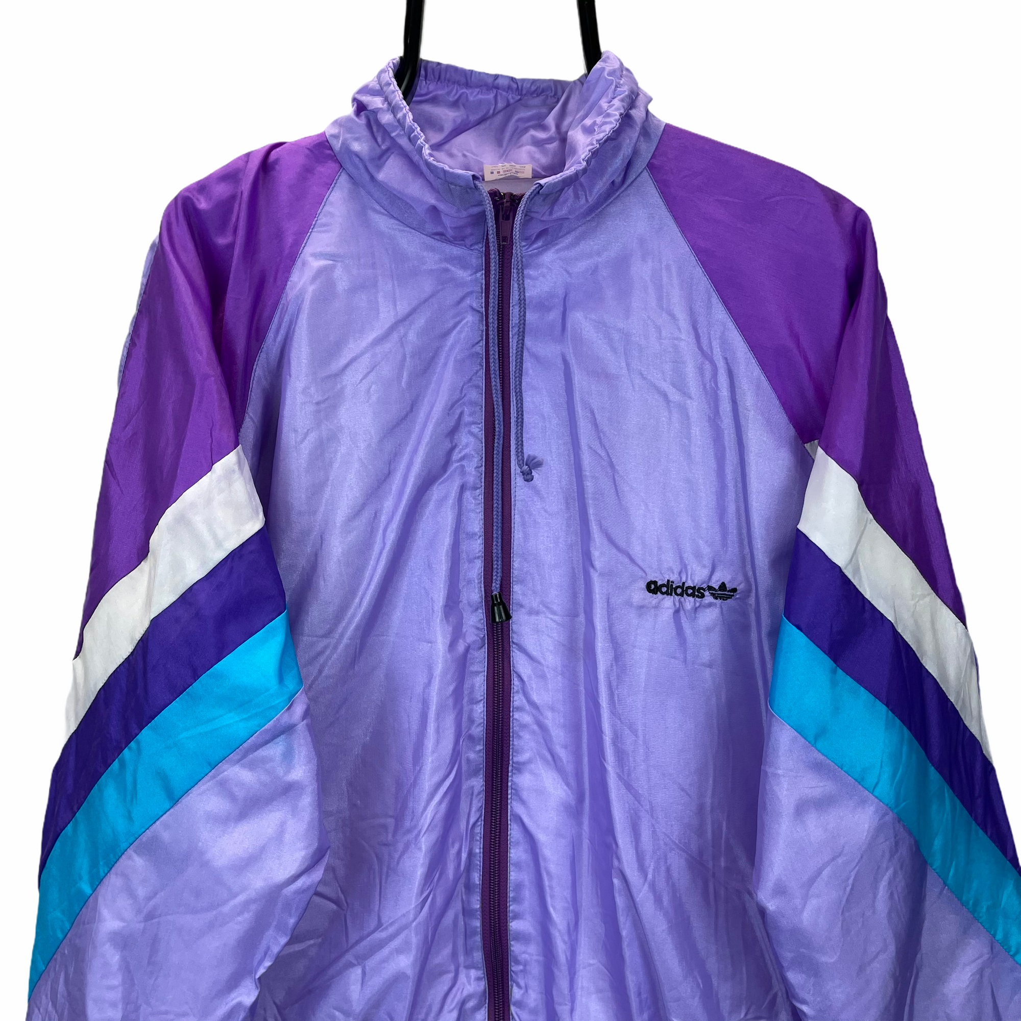 VINTAGE 80S ADIDAS TRACK JACKET IN PINK, PURPLE, WHITE & TURQUOISE - MEN'S LARGE/WOMEN'S XL