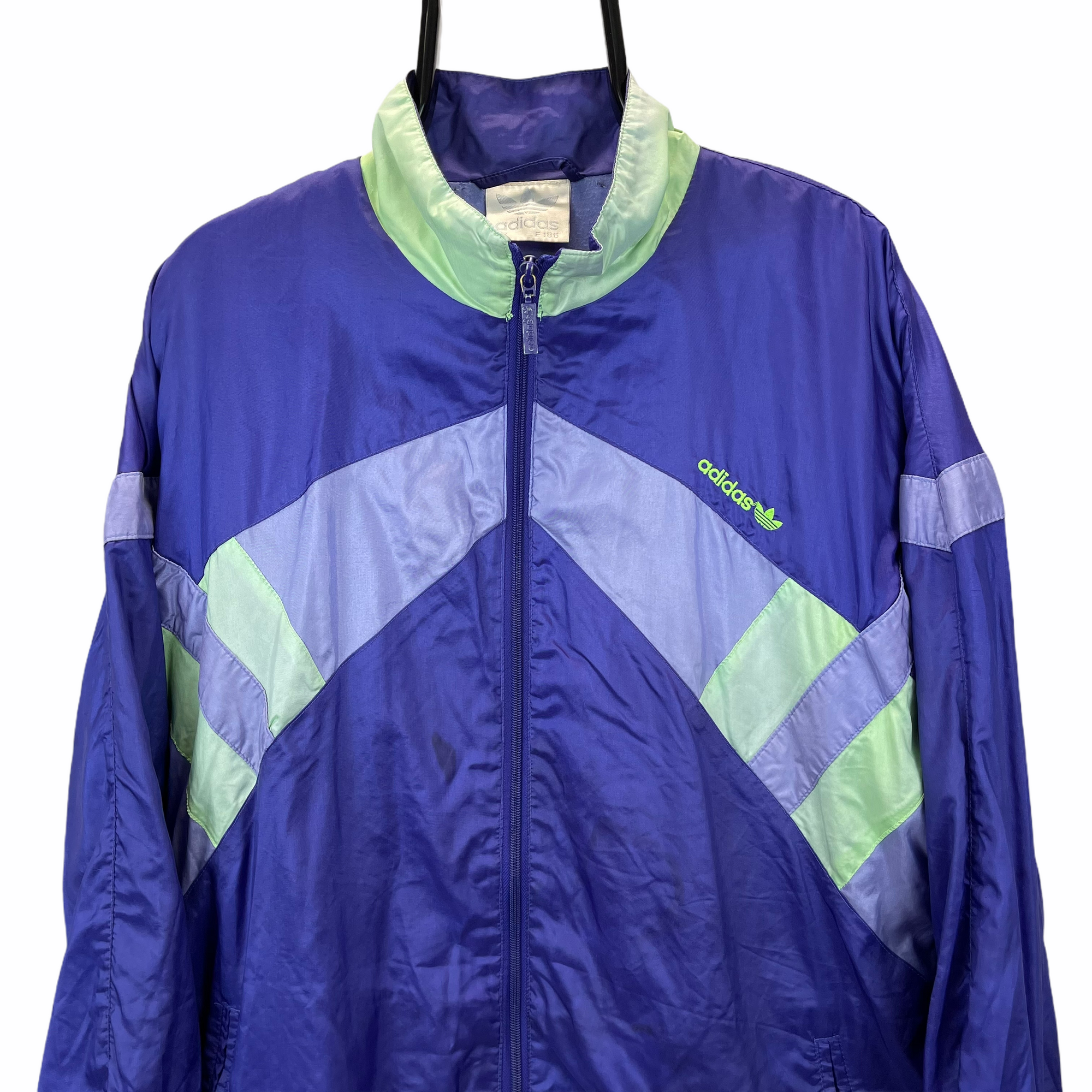 VINTAGE 80S ADIDAS TRACK JACKET IN PURPLE & LIME GREEN - MEN'S XL/WOMEN'S XXL