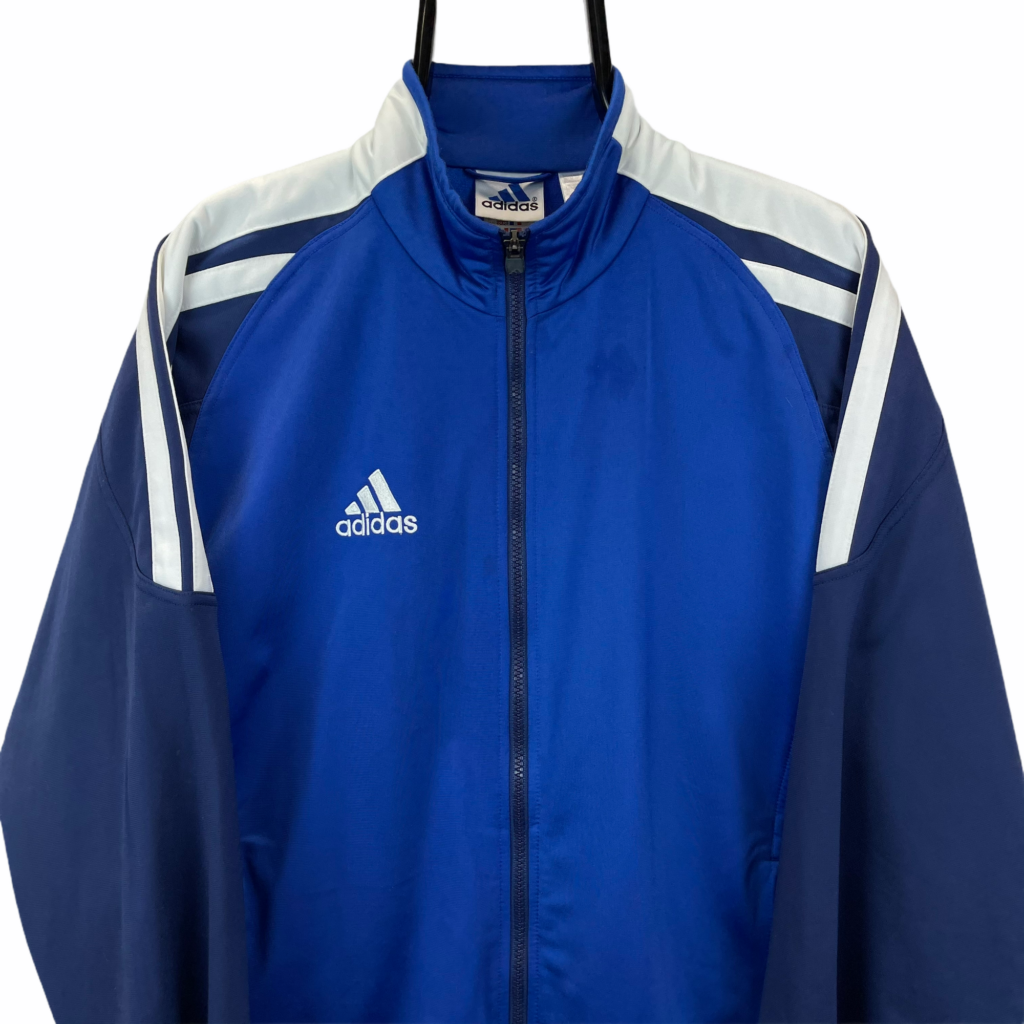 VINTAGE 90S ADIDAS TRACK JACKET IN NAVY, BLUE & WHITE - MEN'S MEDIUM/WOMEN'S LARGE