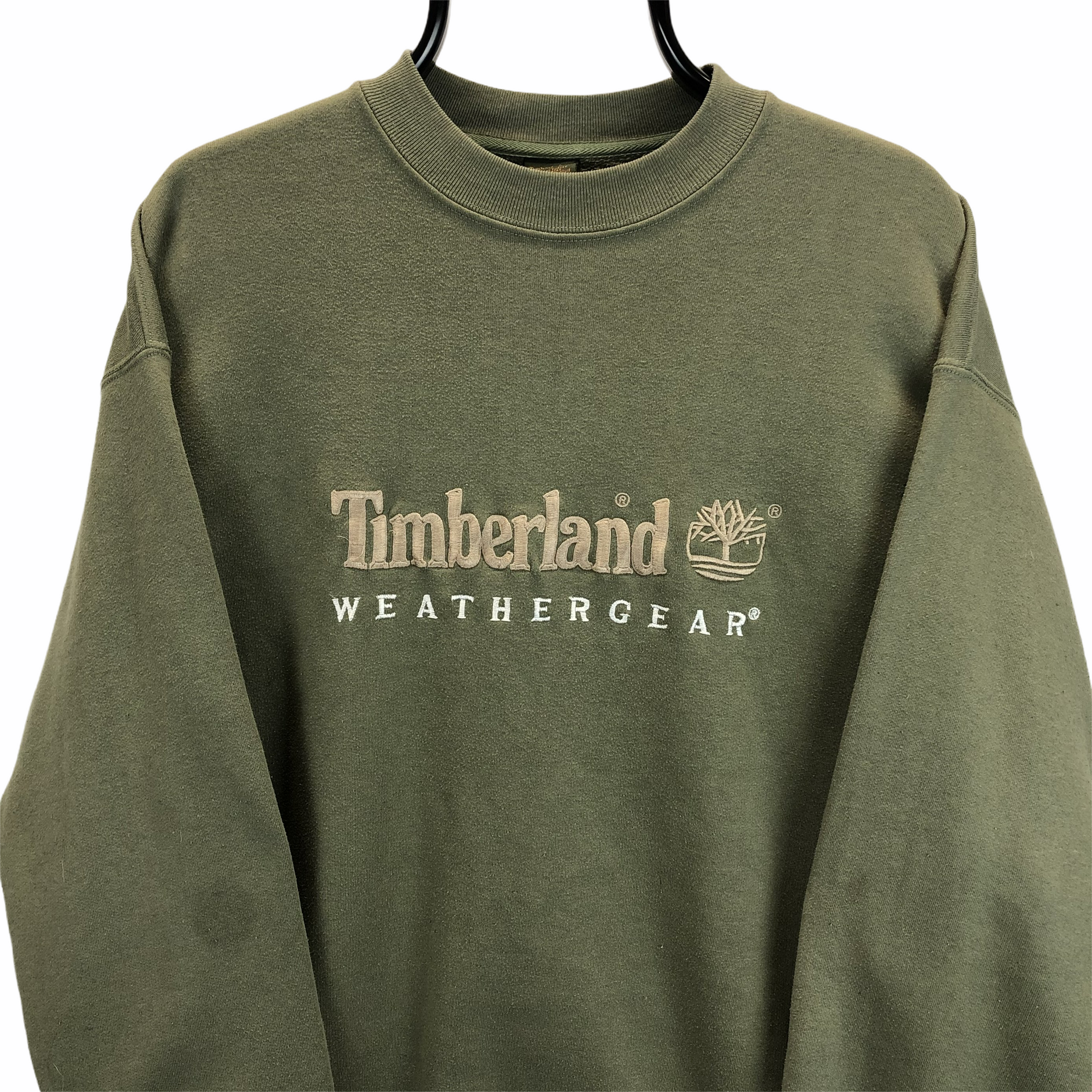 Vintage 90s Timberland Spellout Sweatshirt in Olive Green - Men's Medium/Women's Large
