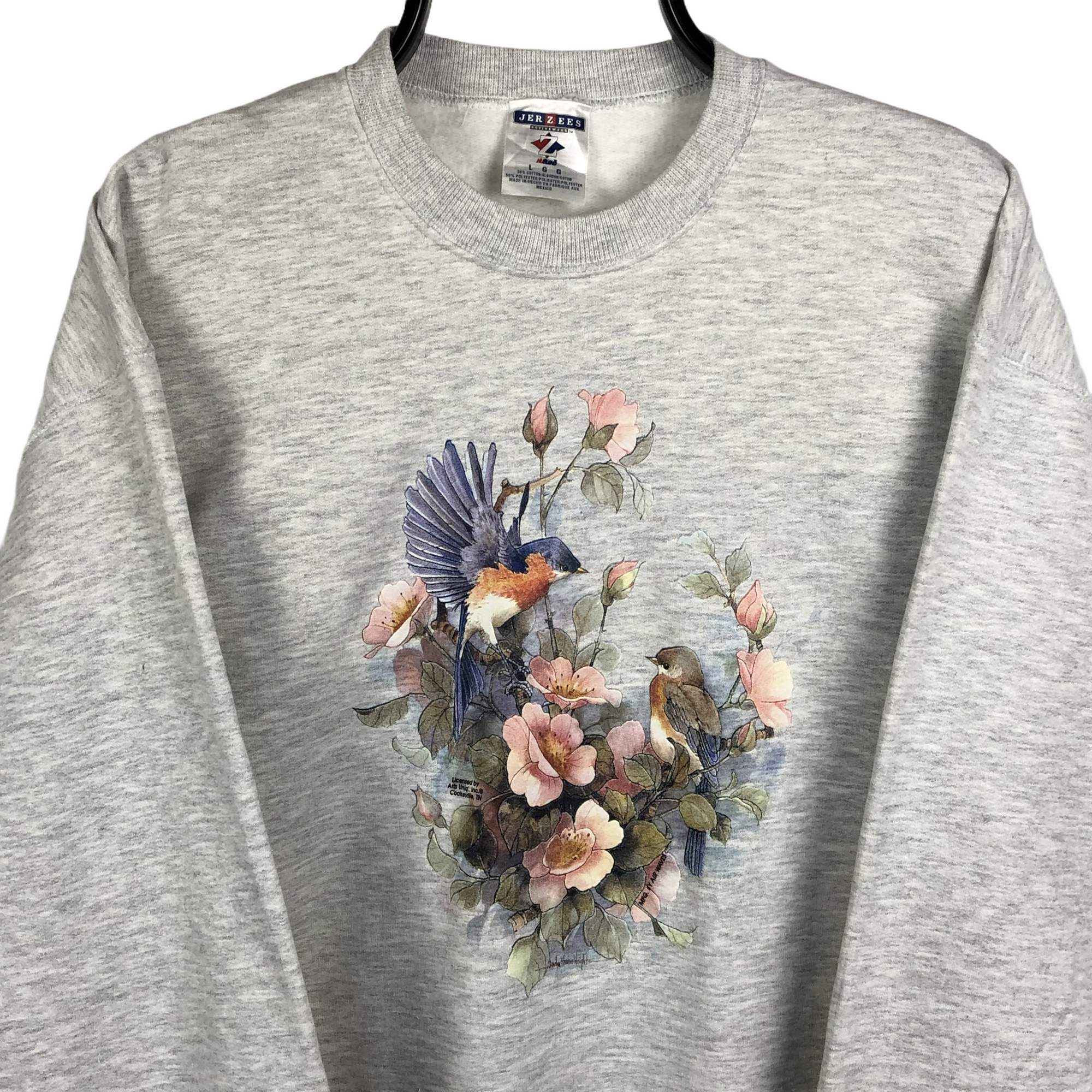 Vintage Birds & Flowers Sweatshirt in Grey - Men's Medium/Women's Large