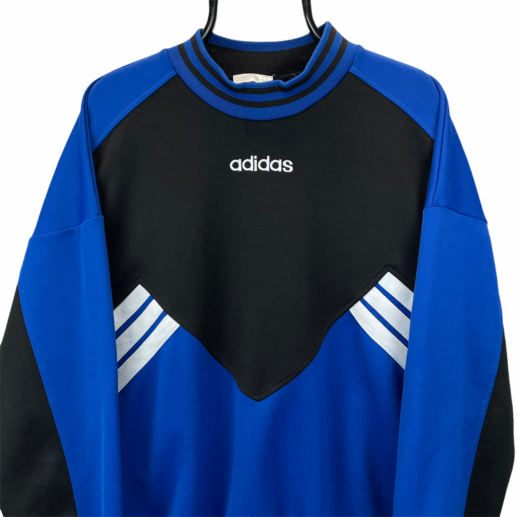 Vintage 80s Adidas Centre Spellout Sweatshirt in Black, Blue & White - Men's Large/Women's XL