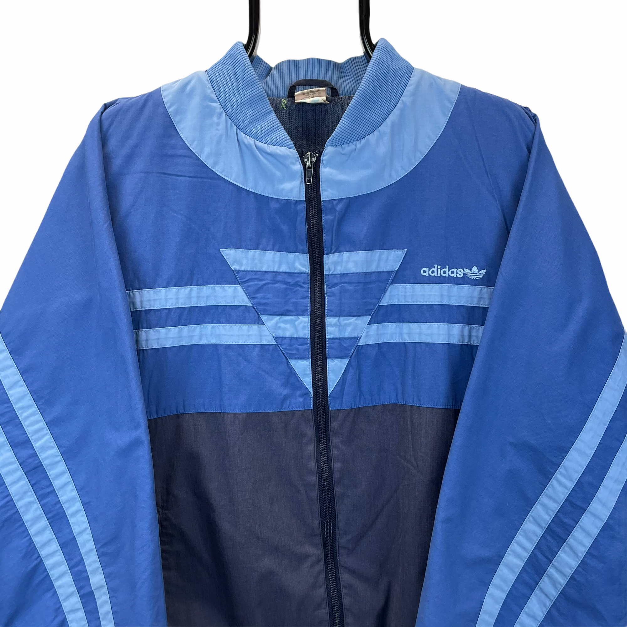 VINTAGE 80S ADIDAS TRACK JACKET IN NAVY & BLUE - MEN'S LARGE/WOMEN'S XL