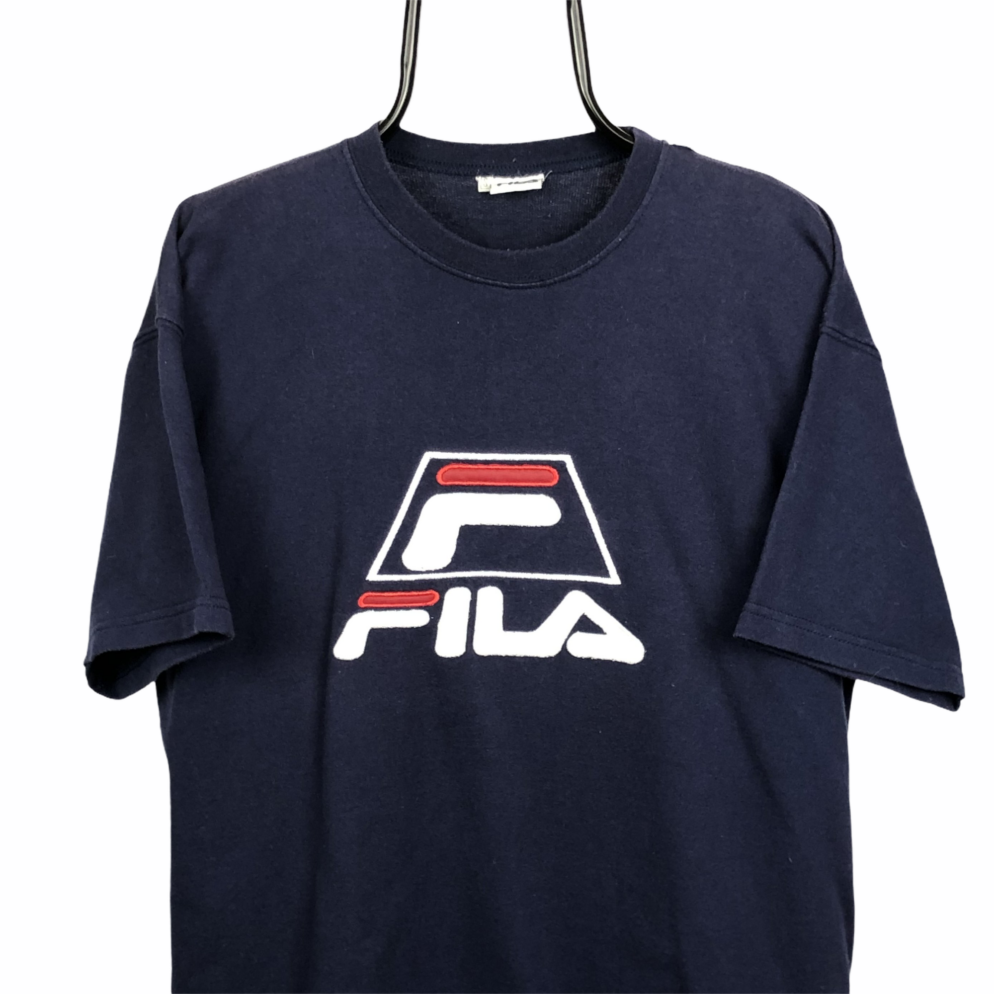 Vintage 80s Fila Embroidered Spellout Tee in Navy - Men's Medium/Women's Large