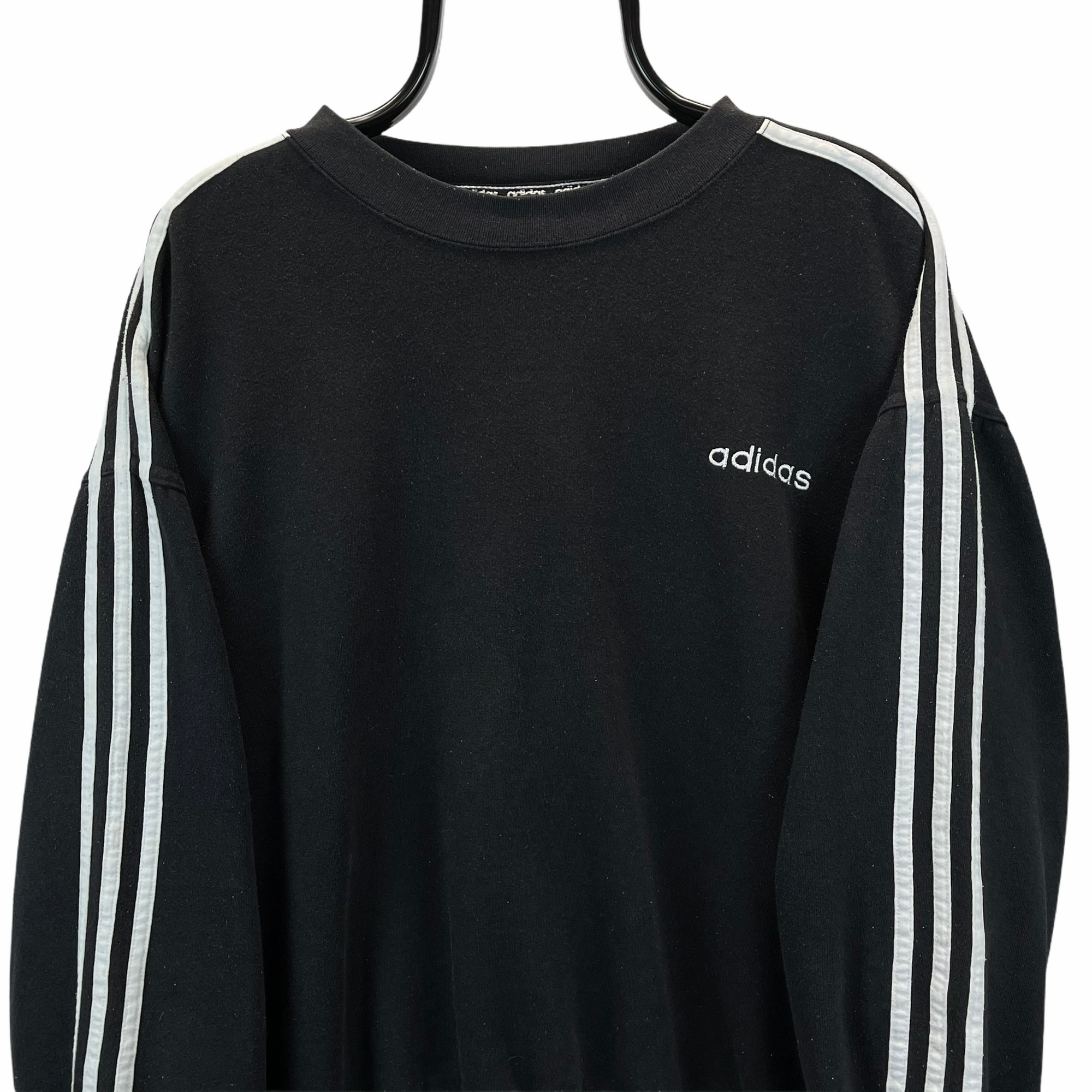 VINTAGE 80S ADIDAS EMBROIDERED SMALL SPELLOUT SWEATSHIRT IN BLACK & WHITE - MEN'S MEDIUM/WOMEN'S LARGE