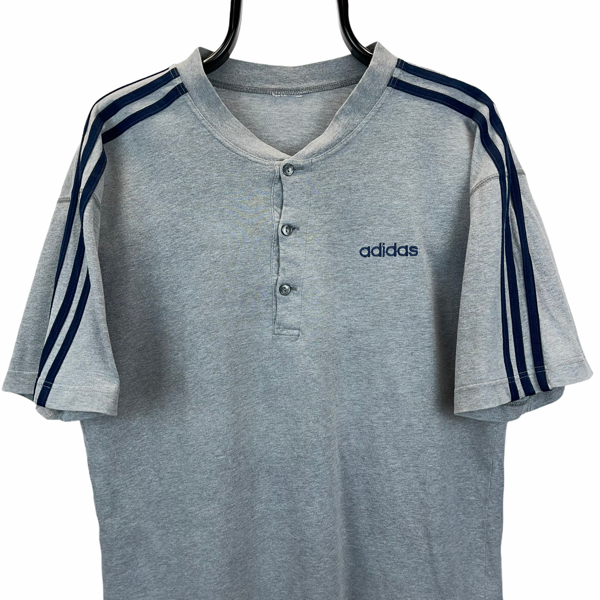 VINTAGE 80S ADIDAS BUTTON UP TEE IN GREY & NAVY - MEN'S LARGE/WOMEN'S XL