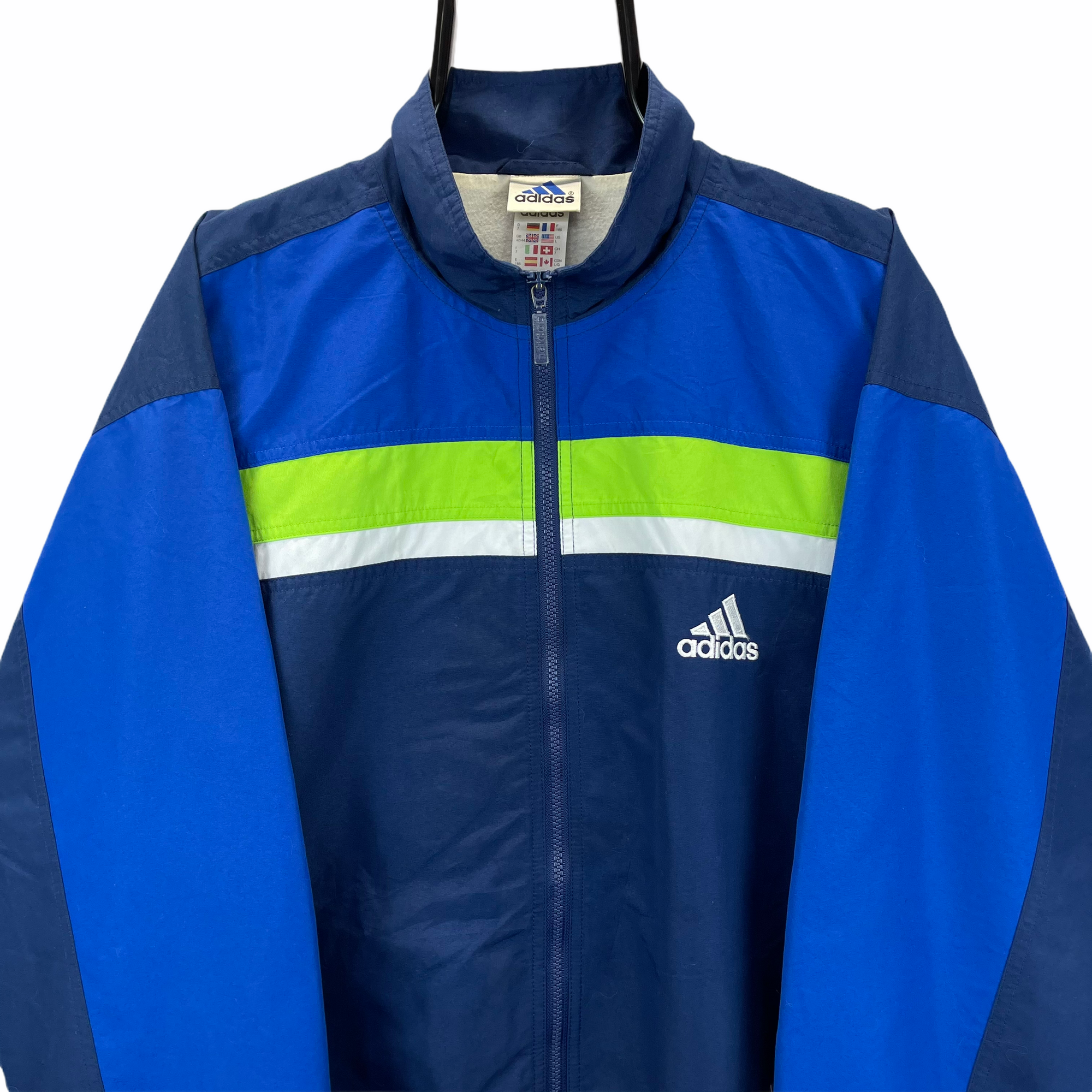 VINTAGE 90S ADIDAS TRACK JACKET IN BLUE, GREEN & WHITE - MEN'S LARGE/WOMEN'S XL