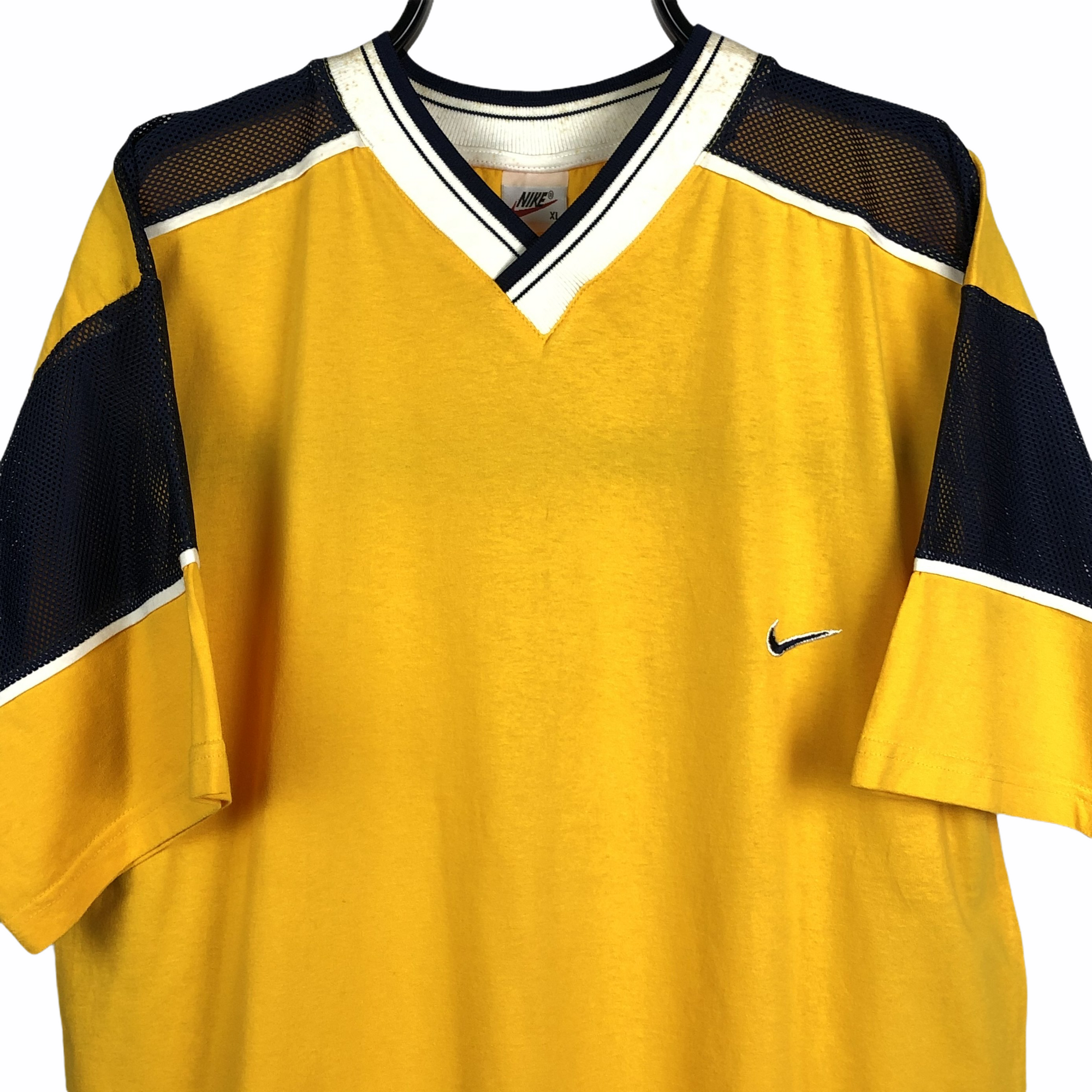 Vintage 90s Nike Embroidered Swoosh Tee in Yellow/Navy - Men's XL/Women's XXL