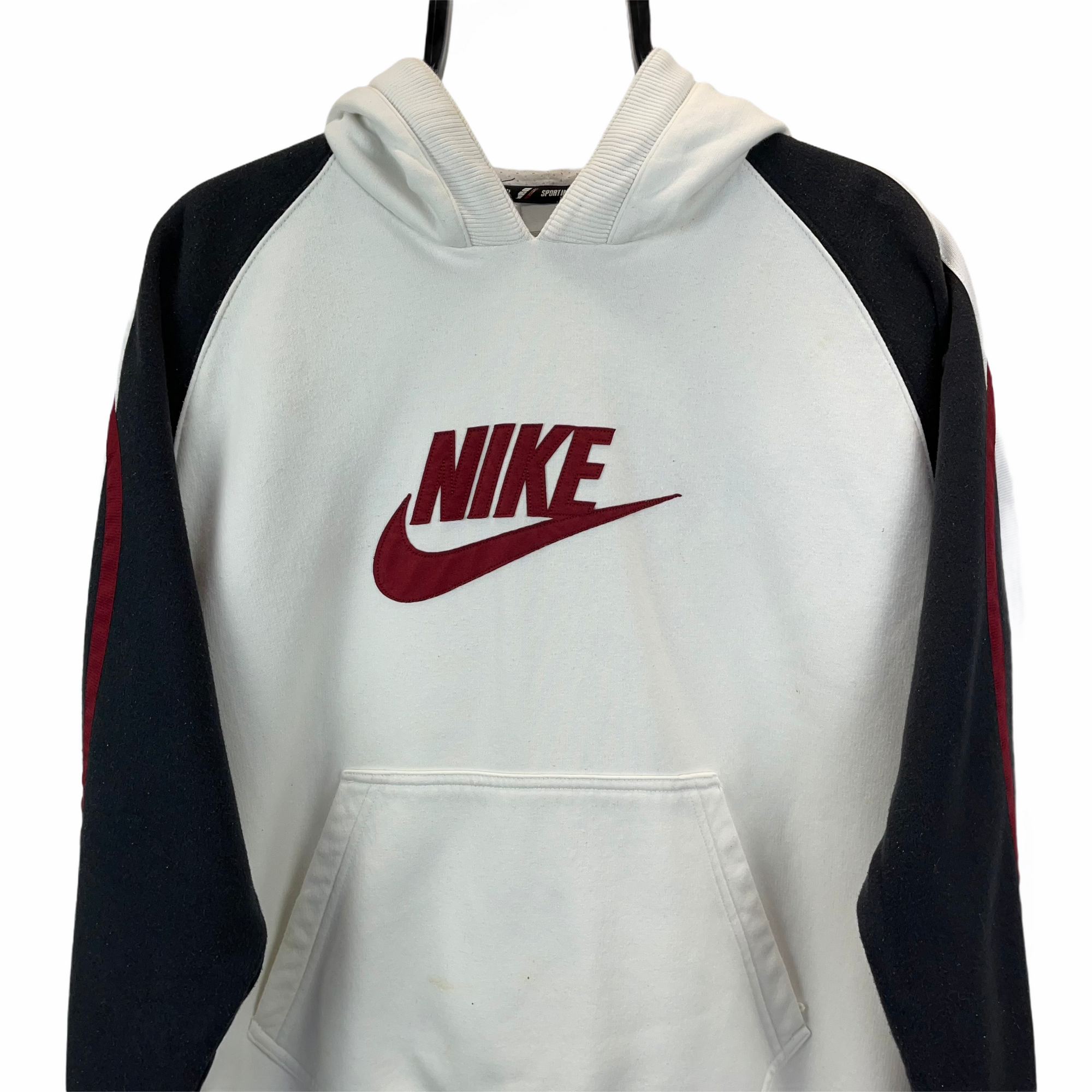 Vintage Nike Spellout Hoodie in White, Red & Black - Men's Medium/Women's Large