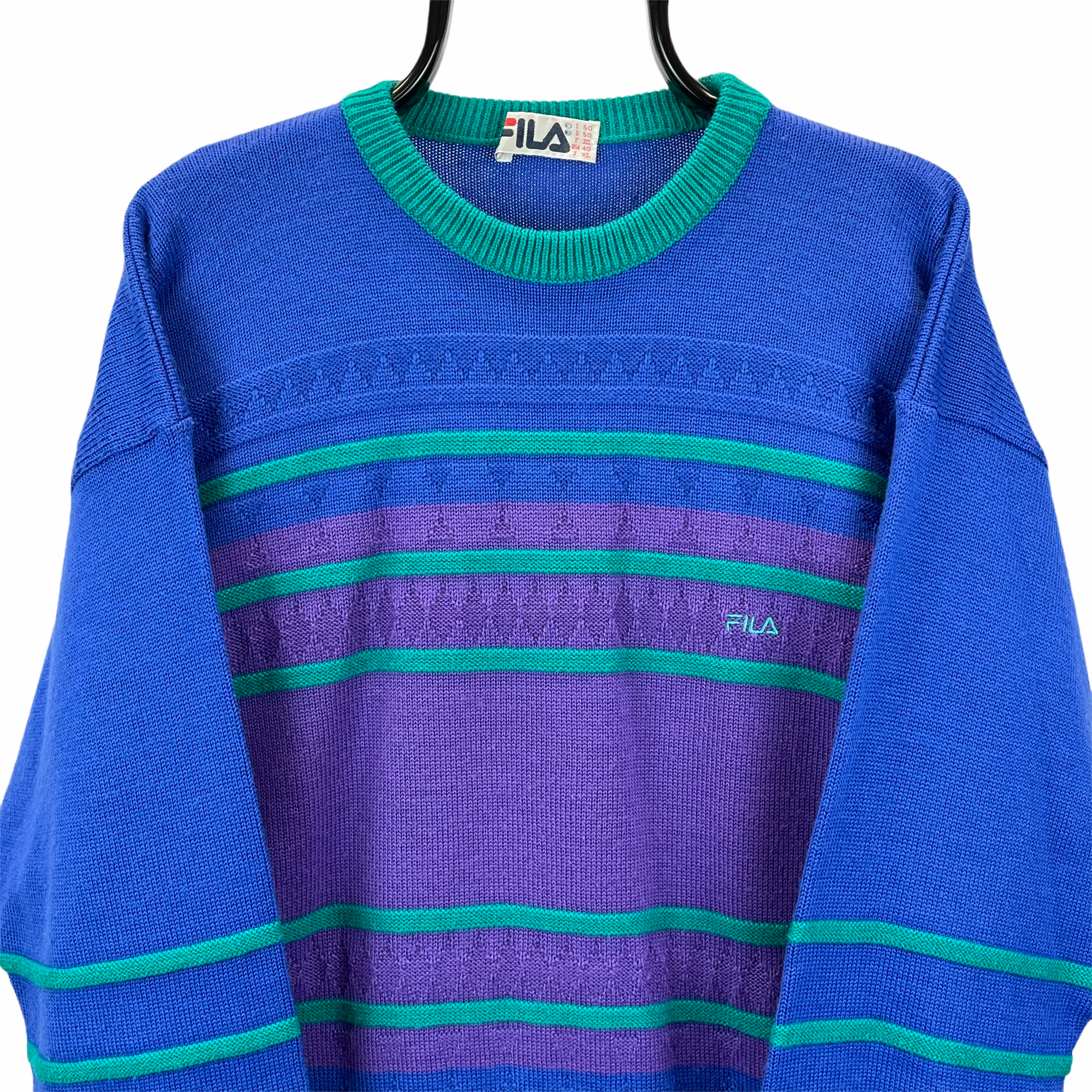 Vintage 90s Fila Knitted Jumper in Purple, Blue & Green - Men's Medium/Women's Large