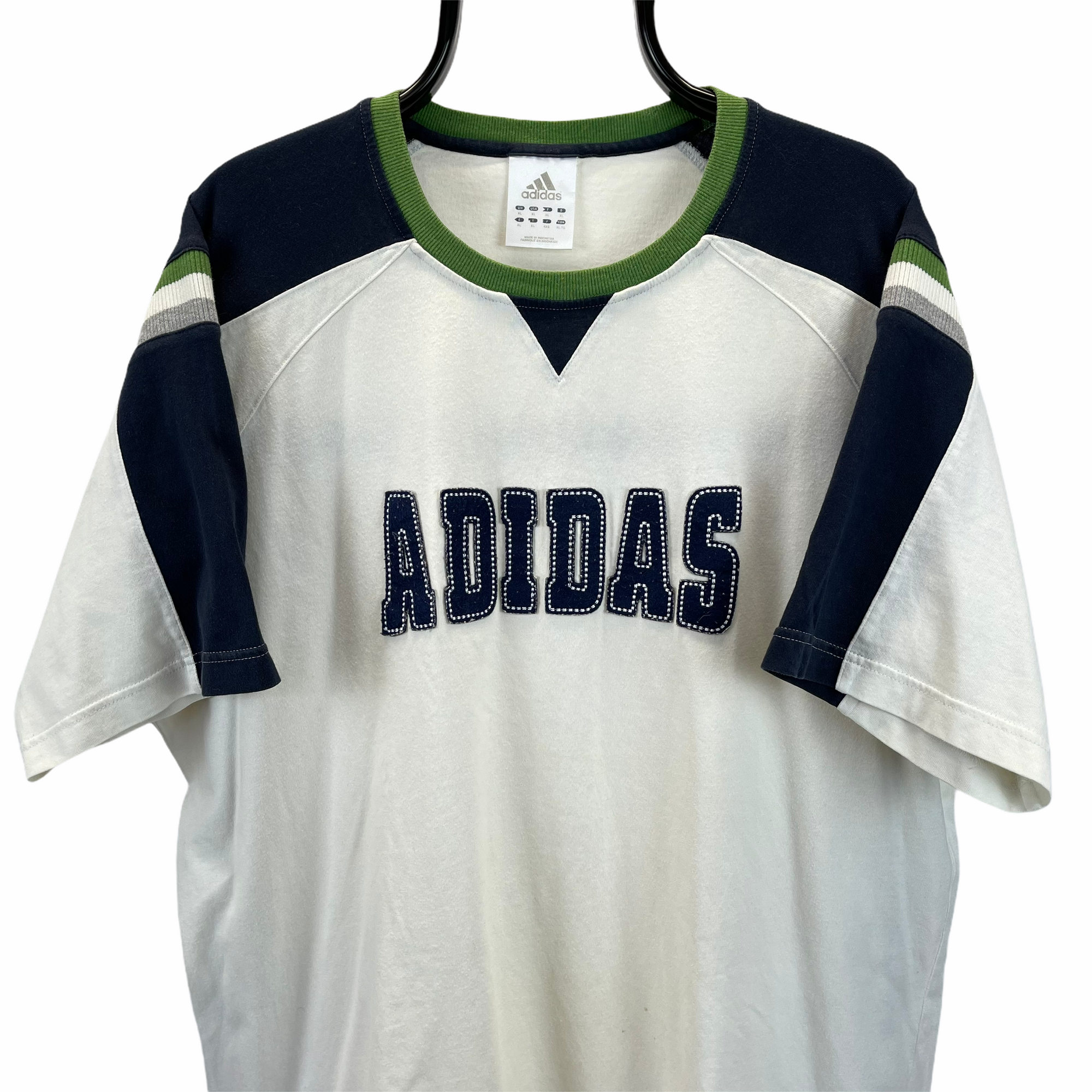 Vintage Adidas Spellout Tee in White, Green & Navy - Men's XL/Women's XXL