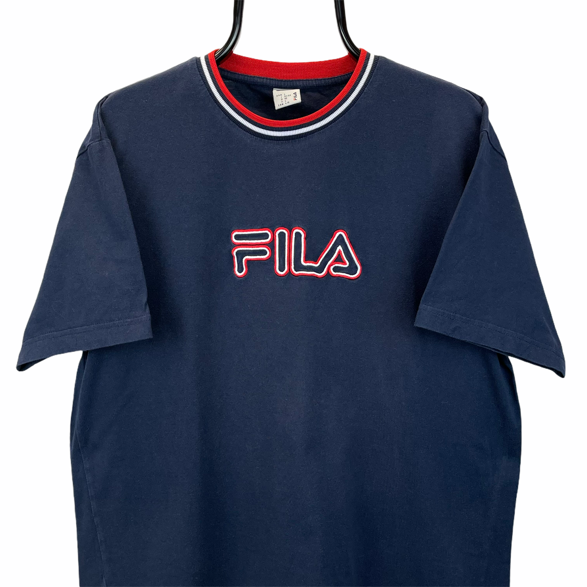 Vintage Fila Embroidered Spellout Tee in Navy & Red - Men's Large/Women's XL
