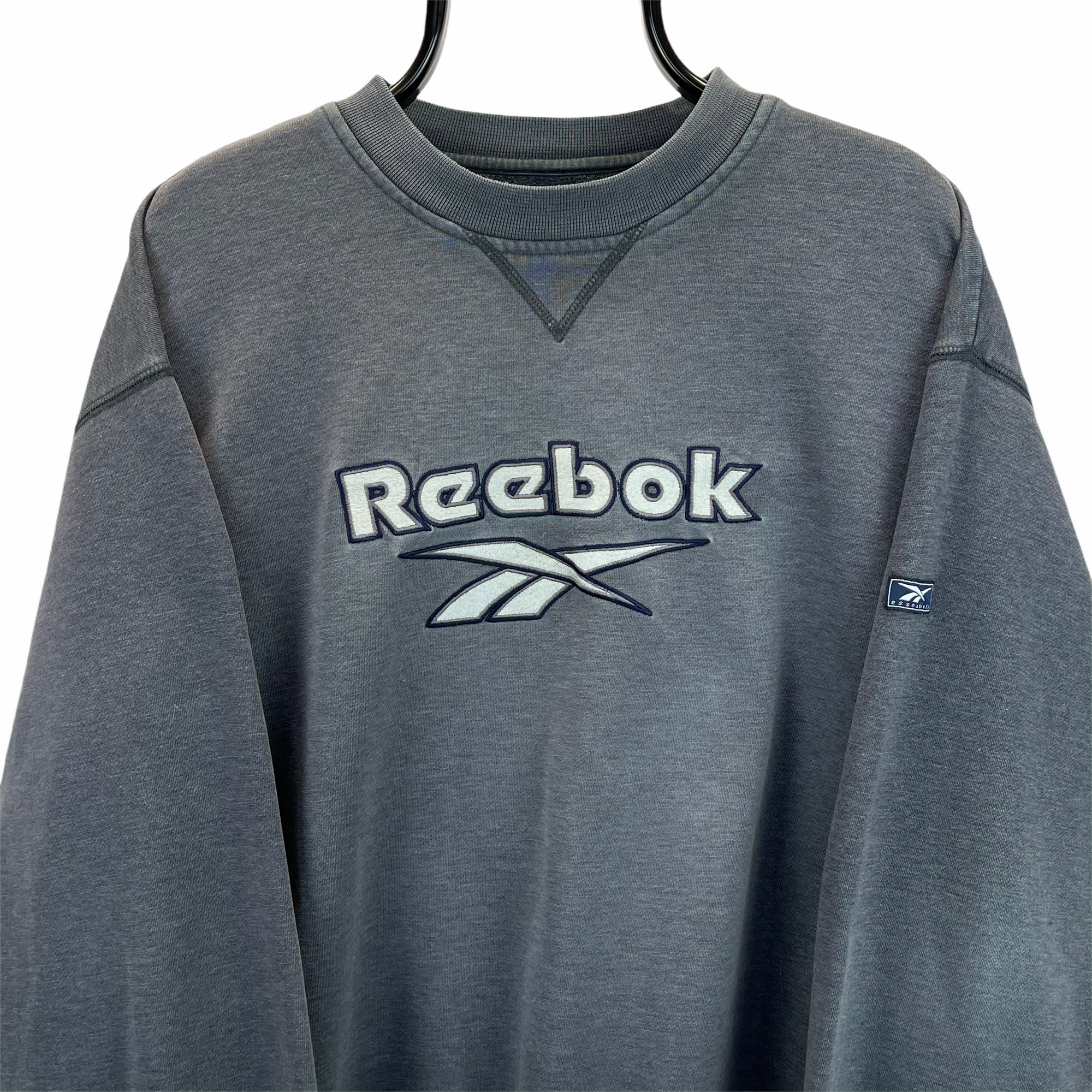 Vintage 90s Reebok Spellout Sweatshirt in Deep Grey - Men's Large/Women's XL