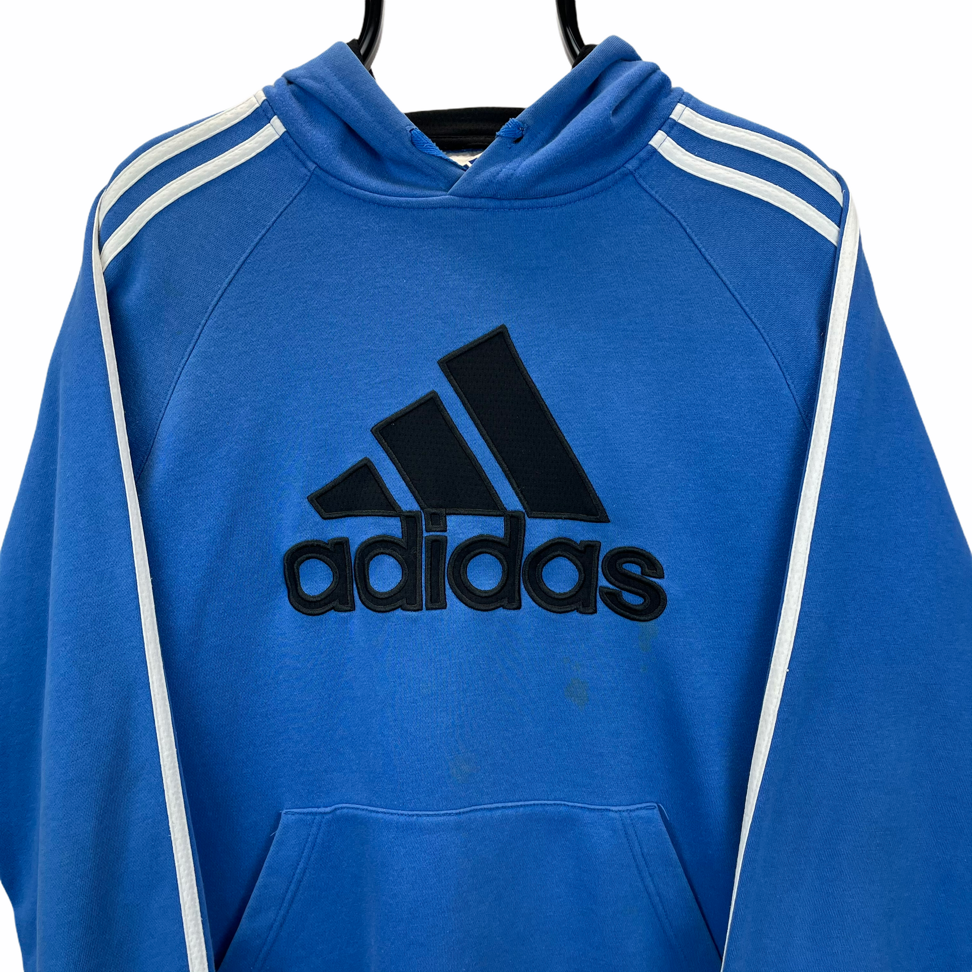 VINTAGE 90S ADIDAS SPELLOUT HOODIE IN BLUE, BLACK & WHITE - MEN'S LARGE/WOMEN'S XL