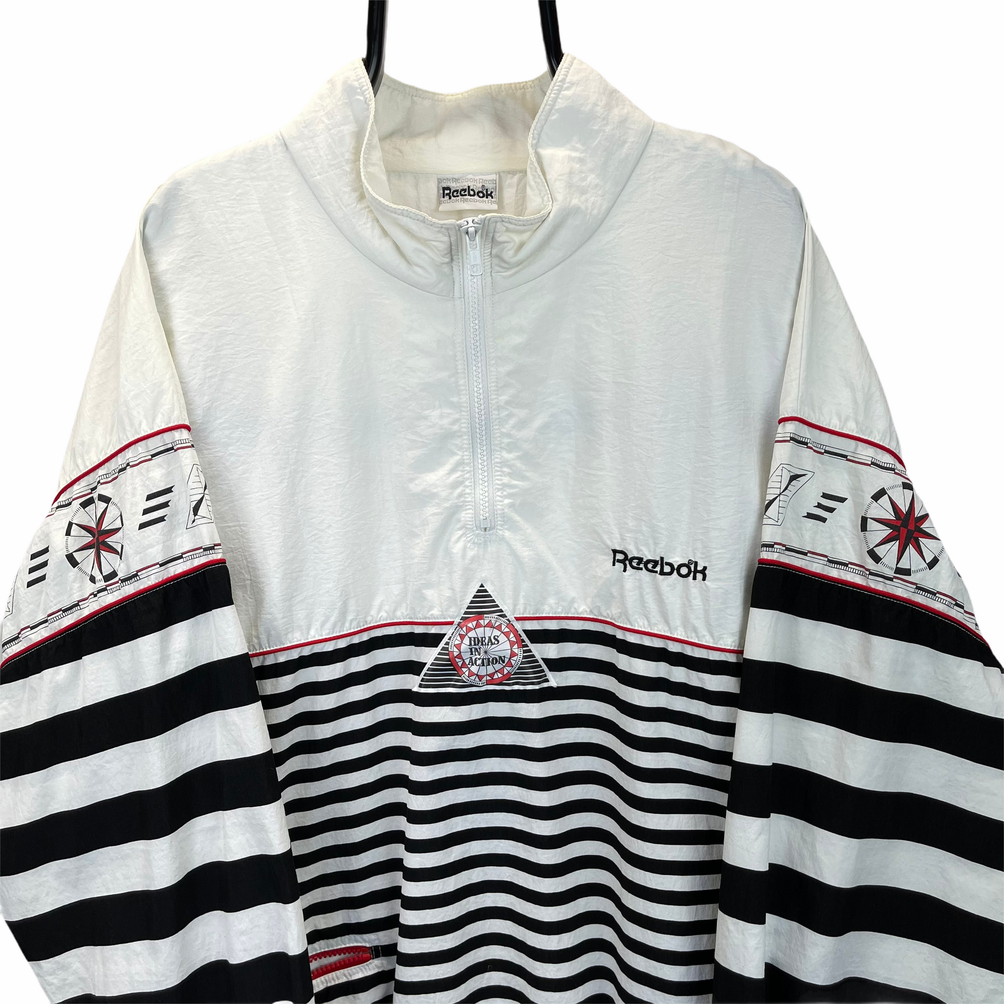 Vintage 80s Reebok 1/4 Zip Track Jacket in White, Black & Red - Men's XL/Women's XXL