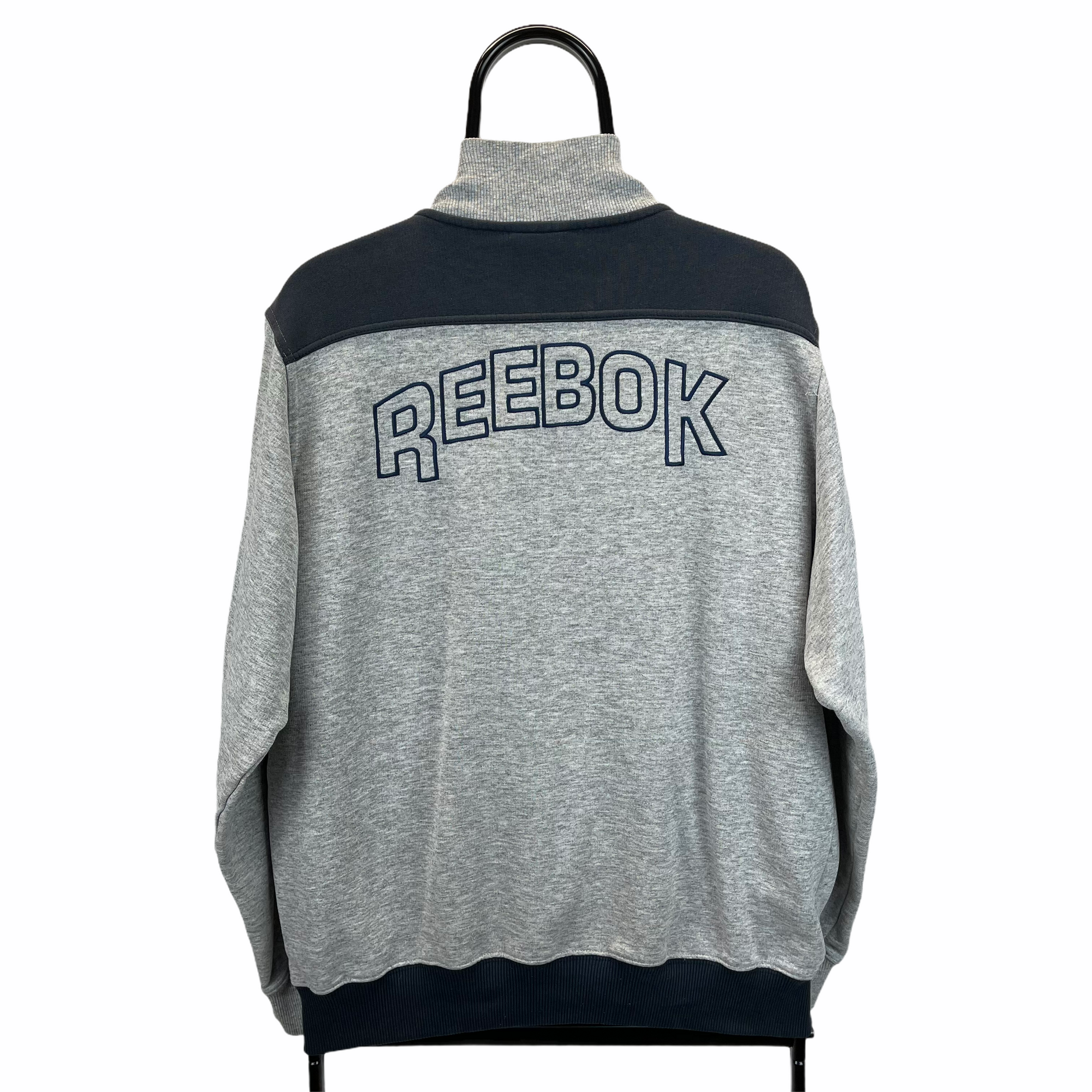 Vintage Reebok Spellout Zip Up Sweatshirt in Grey & Navy - Men's Medium/Women's Large