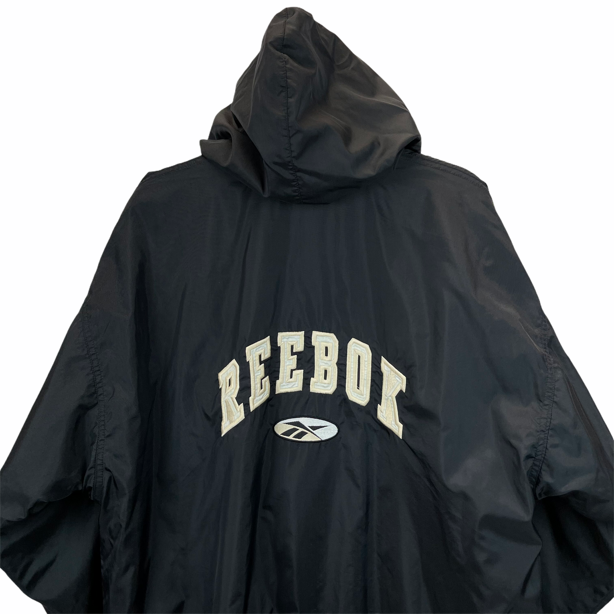 Vintage 80s Reebok Spellout Hooded Jacket in Black - Men's XL/Women's XXL