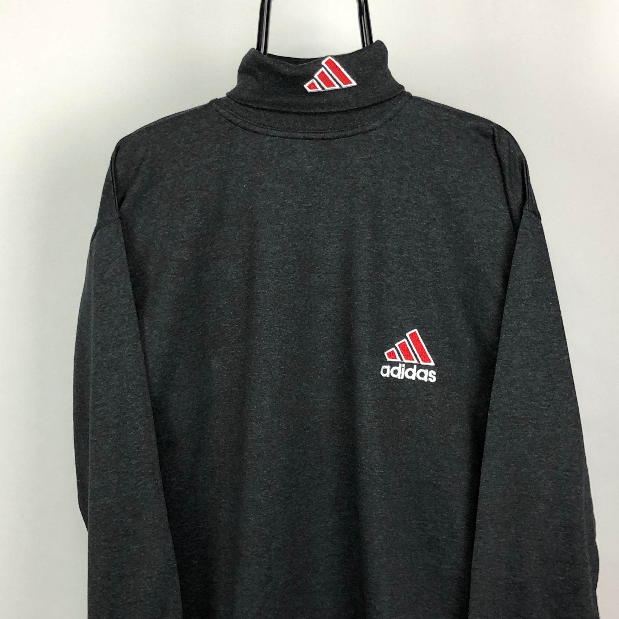Vintage 90s Adidas Embroidered Spellout Turtle Neck in Grey - Men's Large/Women's XL