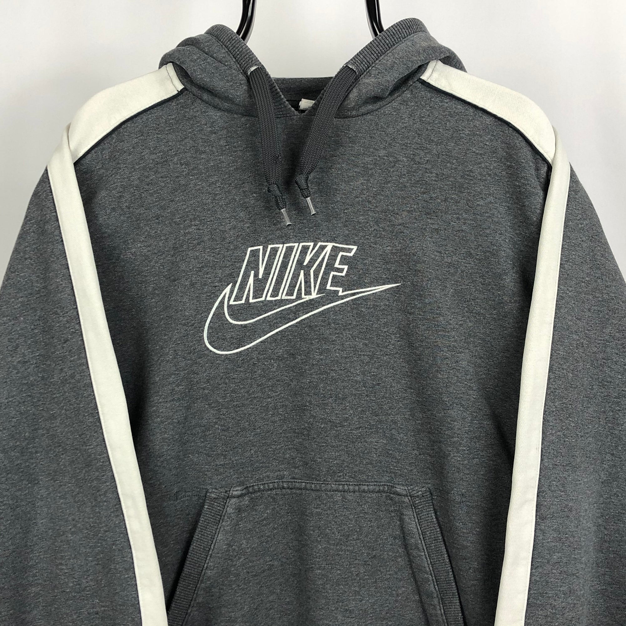 Vintage Nike Embroidered Spellout Hoodie in Grey/White - Men's Medium/Women's Large