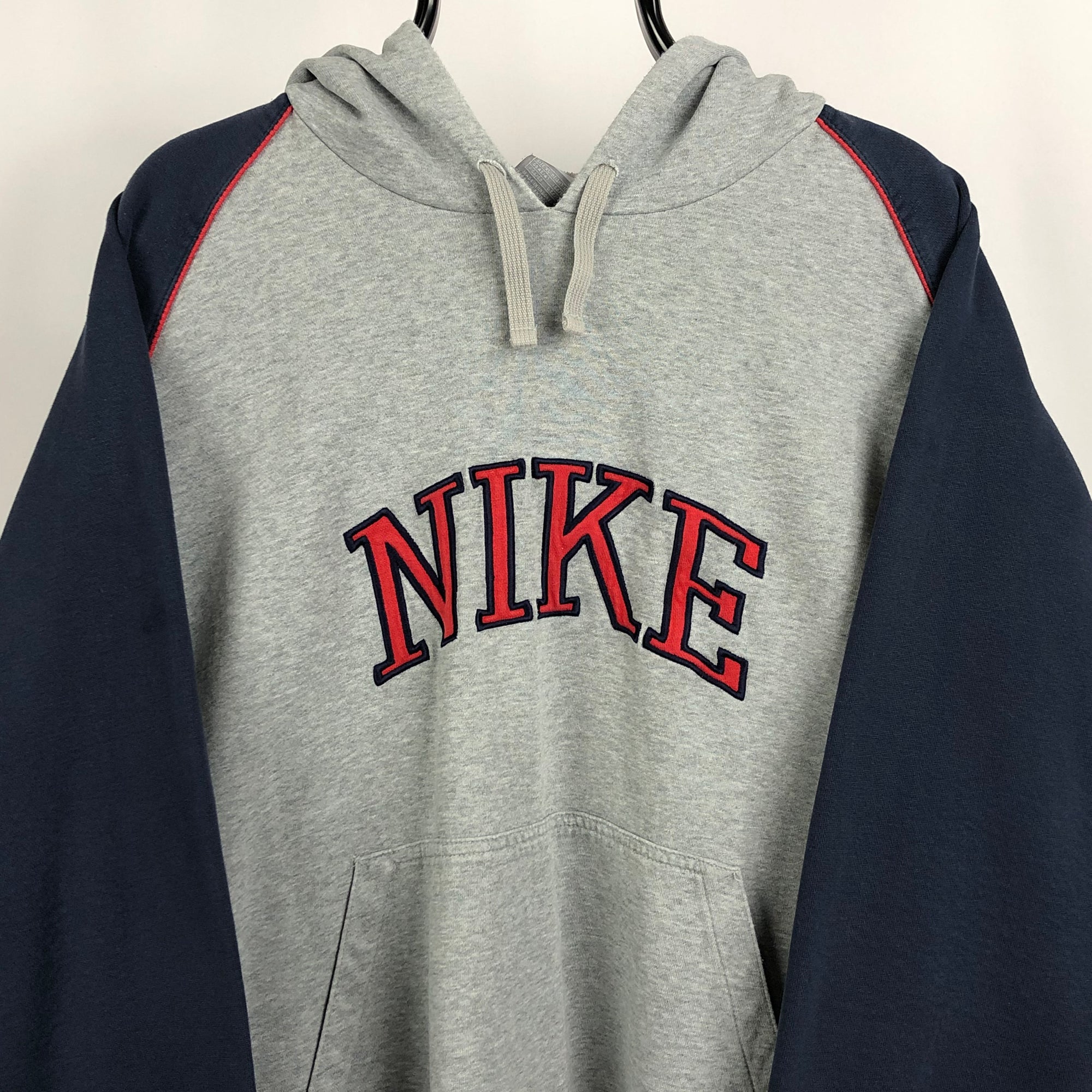 Vintage Nike Embroidered Spellout Hoodie in Grey/Navy/Red - Men's XL/Women's XXL
