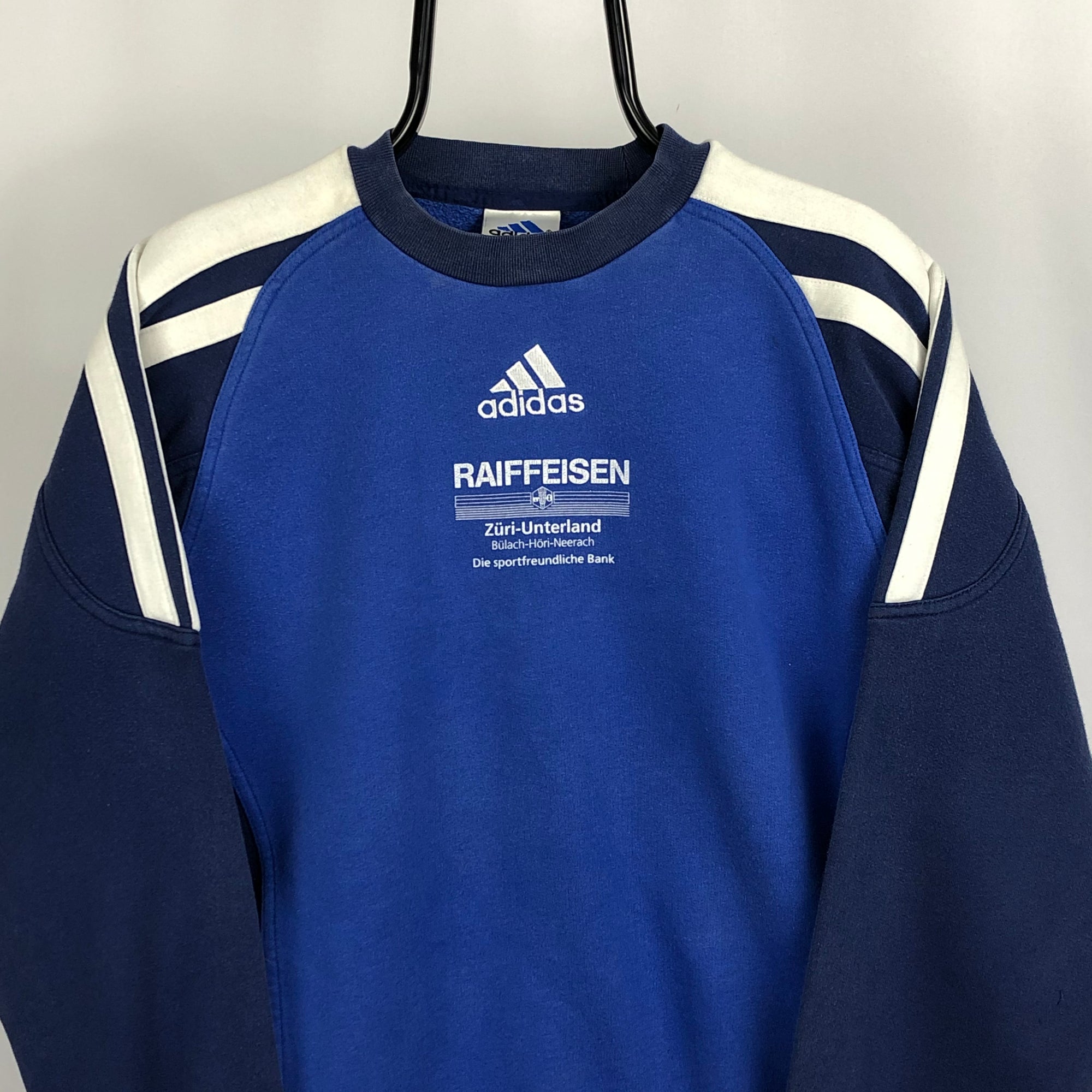 Vintage 90s Adidas Embroidered Centre Logo Sweatshirt in Blue/White - Men's Medium/Women's Large