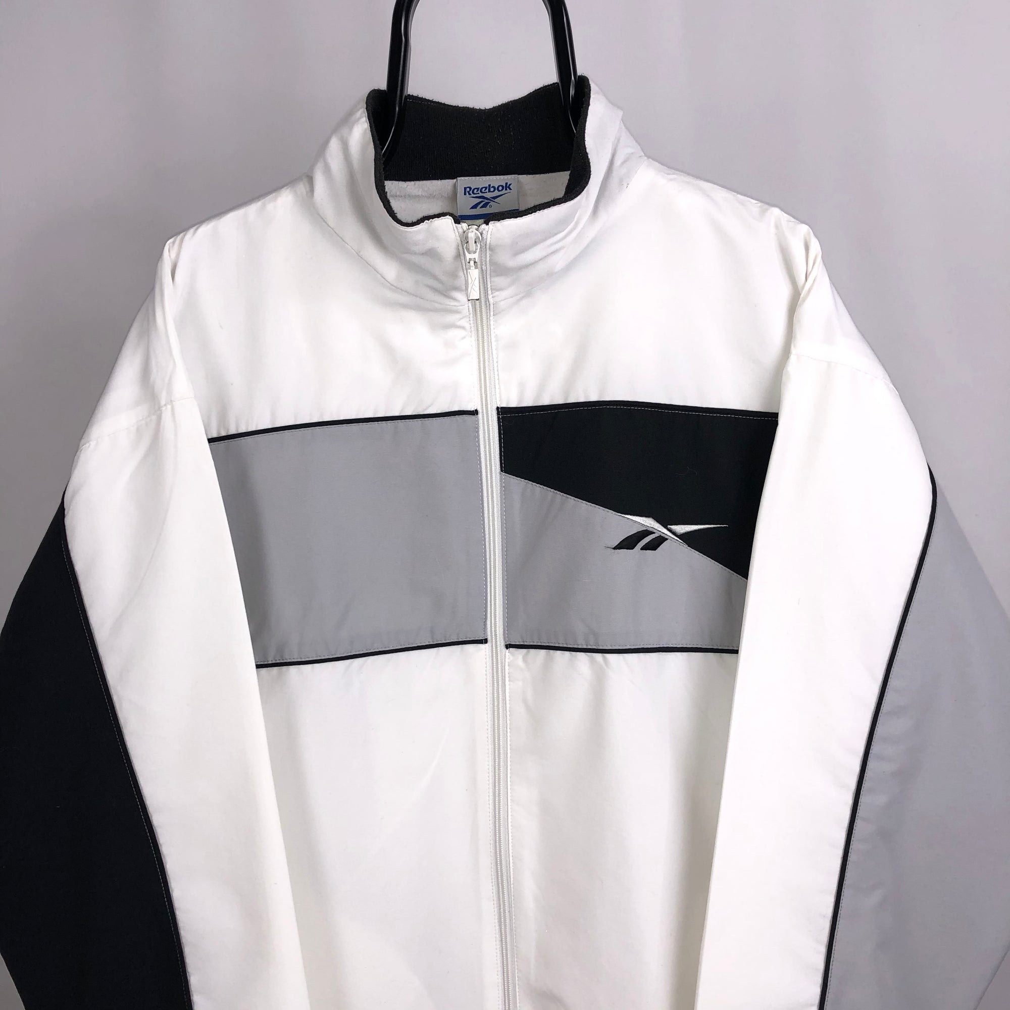 Vintage Reebok Track Jacket in White/Black/Grey - Men's Large/Women's XL