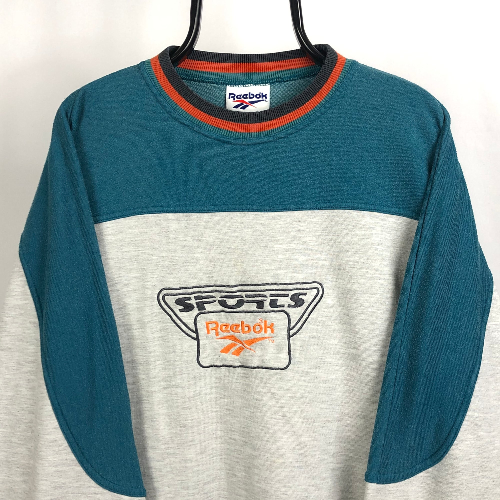 Vintage Reebok Spellout Sweatshirt in Grey/Blue/Orange - Men's Large/Women's XL