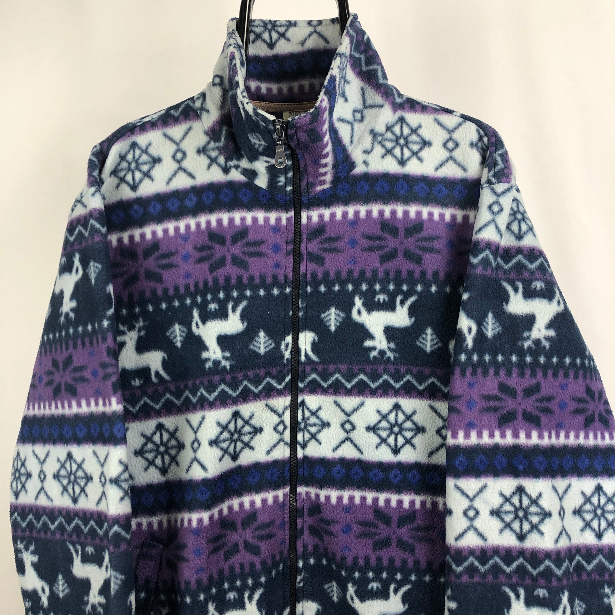 Vintage Reindeer Print Fleece in Purple/Blue - Men's Large/Women's XL