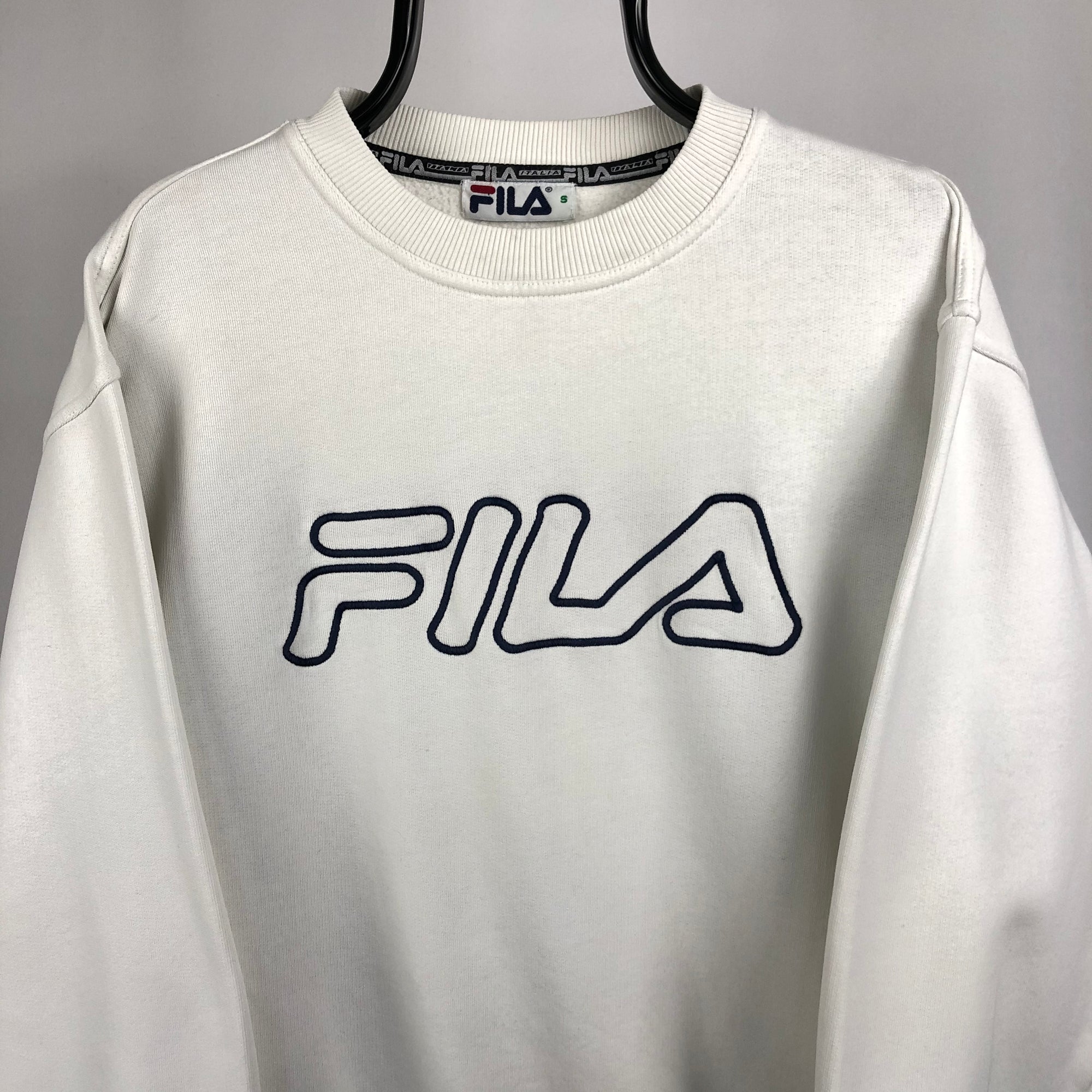 Vintage Fila Spellout Sweatshirt in White - Men's Small/Women's Medium