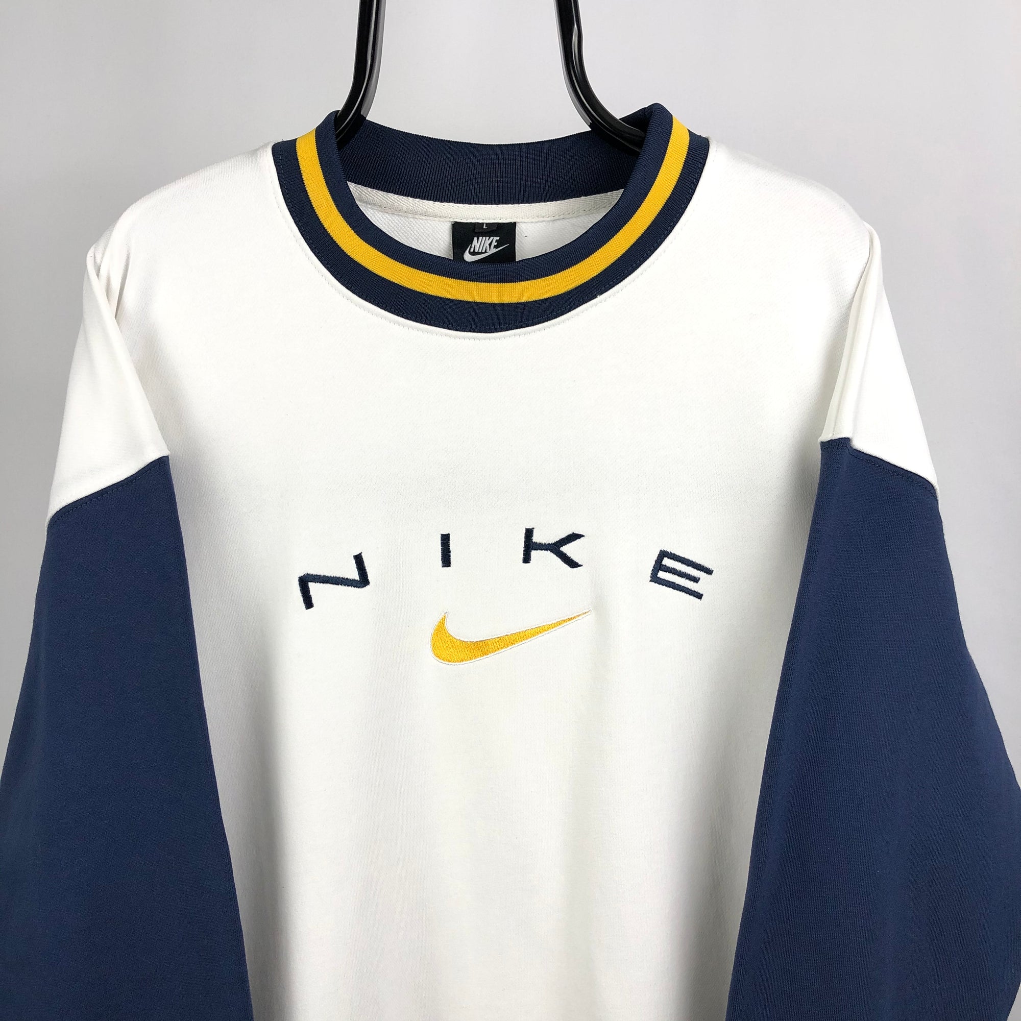 Nike Spellout Sweatshirt in White/Navy/Yellow - Men's Large/Women's XL