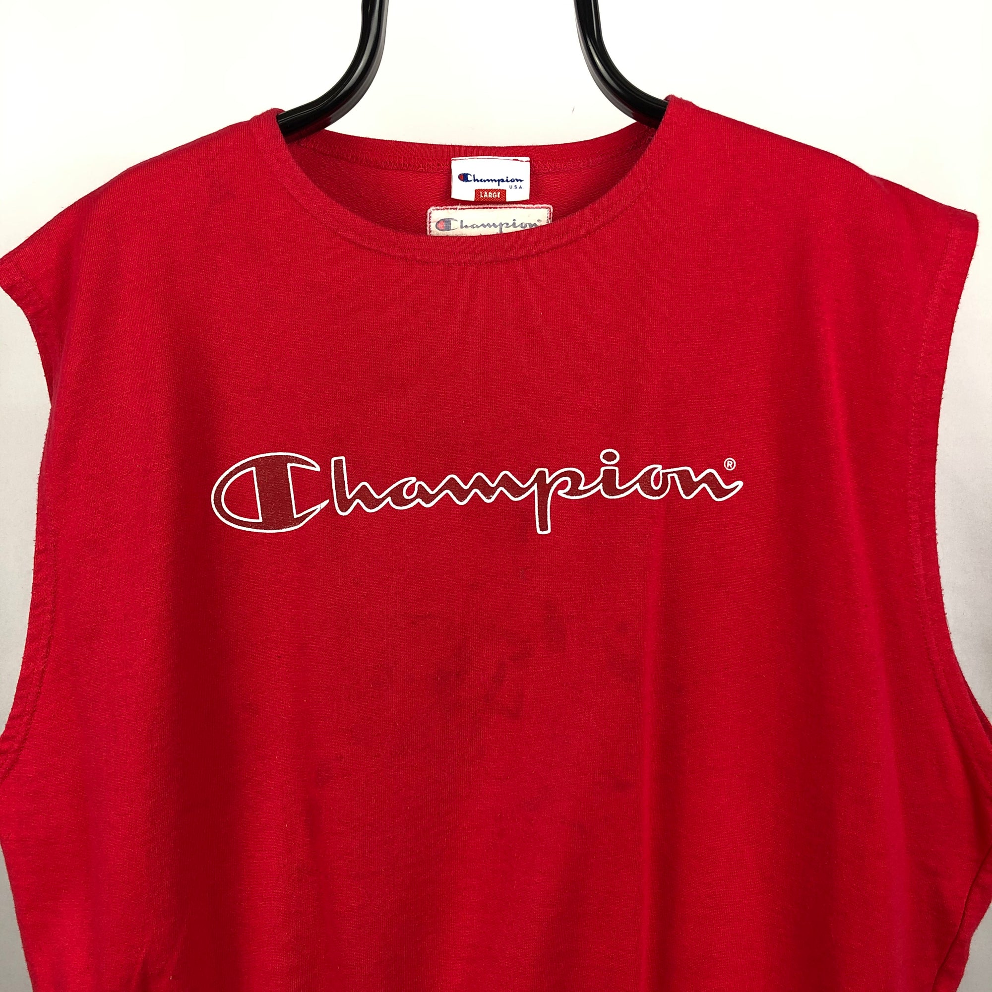 Vintage Champion Spellout Sweater Vest in Deep Pink/Red - Men's Large/Women's XL