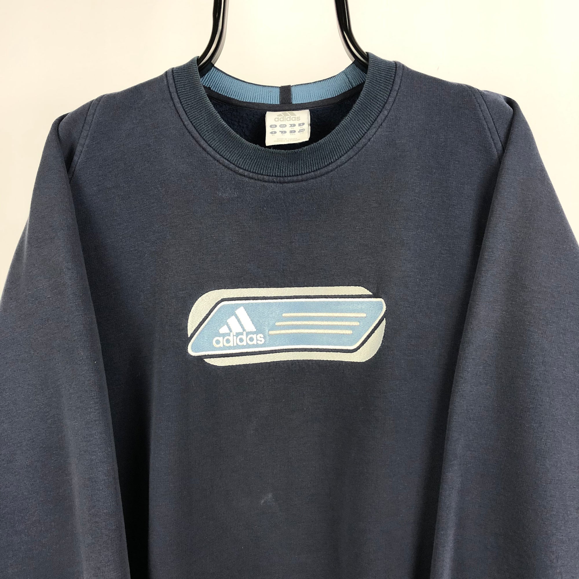 Vintage Adidas Spellout Sweatshirt in Navy/Baby Blue - Men's Large/Women's XL