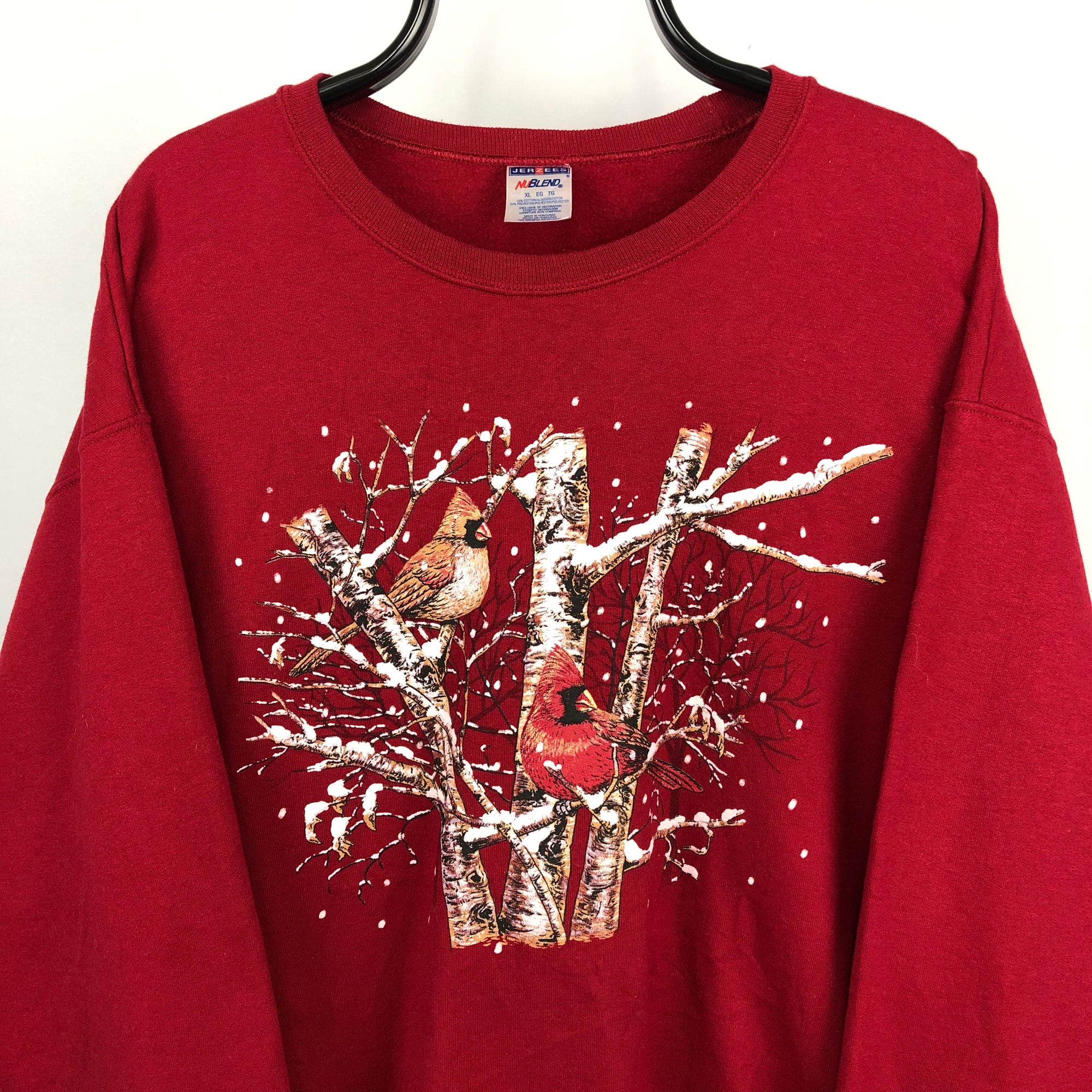 Vintage Winter Birds Sweatshirt in Deep Red - Men's XL/Women's XXL