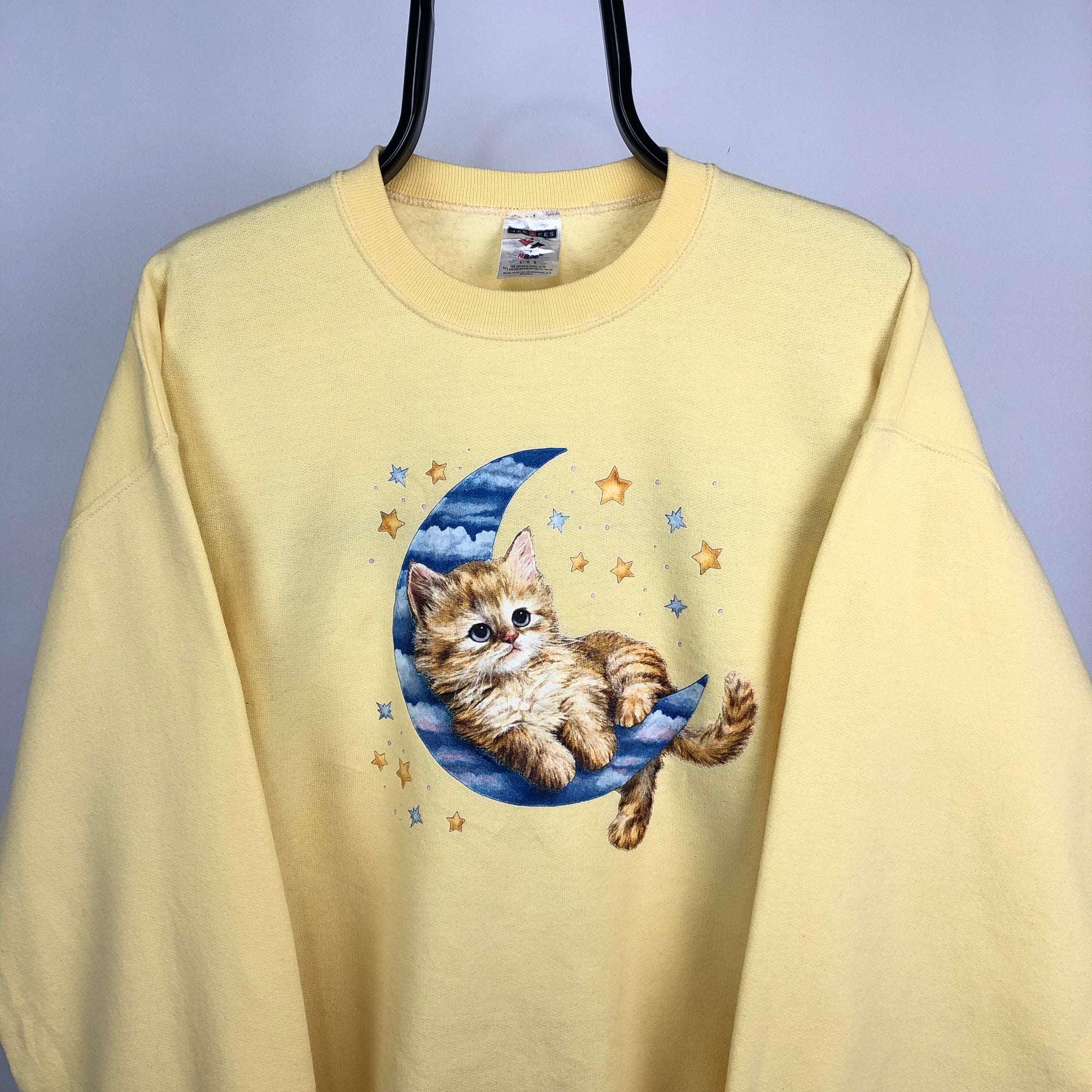 Vintage 90s Kitten Print Sweatshirt in Yellow - Men's Large/Women's XL