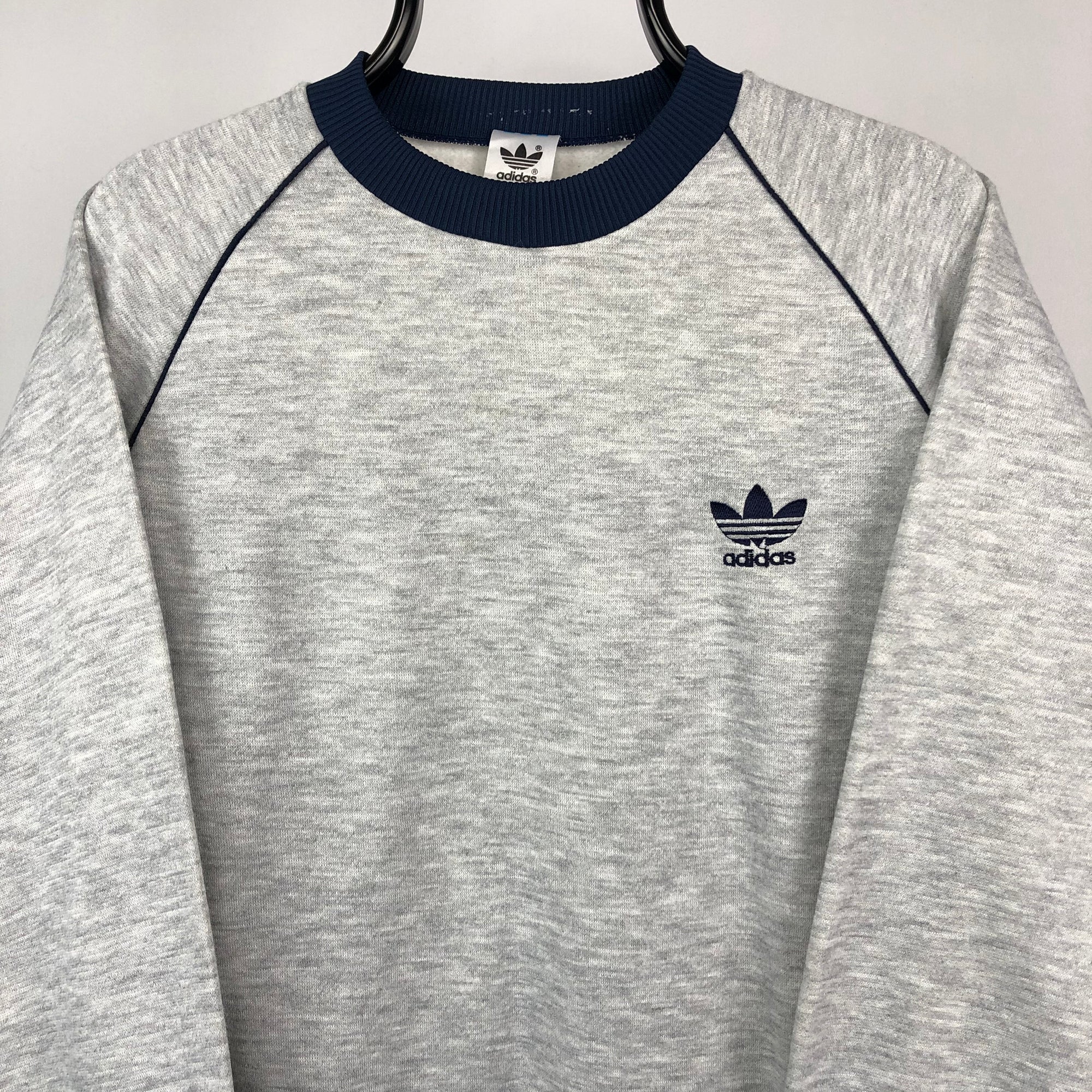 Vintage 90s Adidas Embroidered Small Logo Sweatshirt in Grey/Navy - Men's Medium/Women's Large