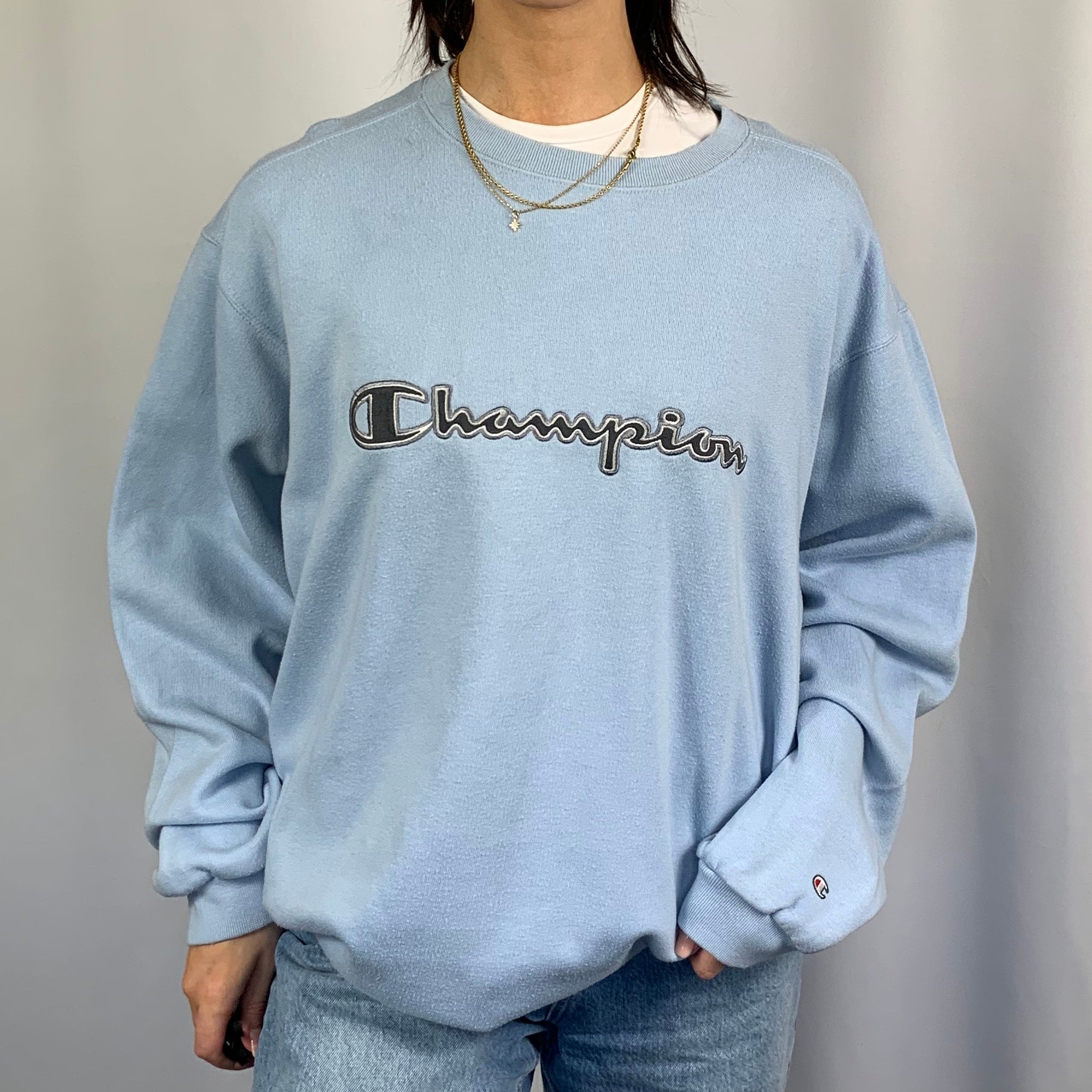 VINTAGE CHAMPION SWEATSHIRT WITH BIG EMBROIDERED SPELLOUT - WOMEN'S XL/ MEN'S M