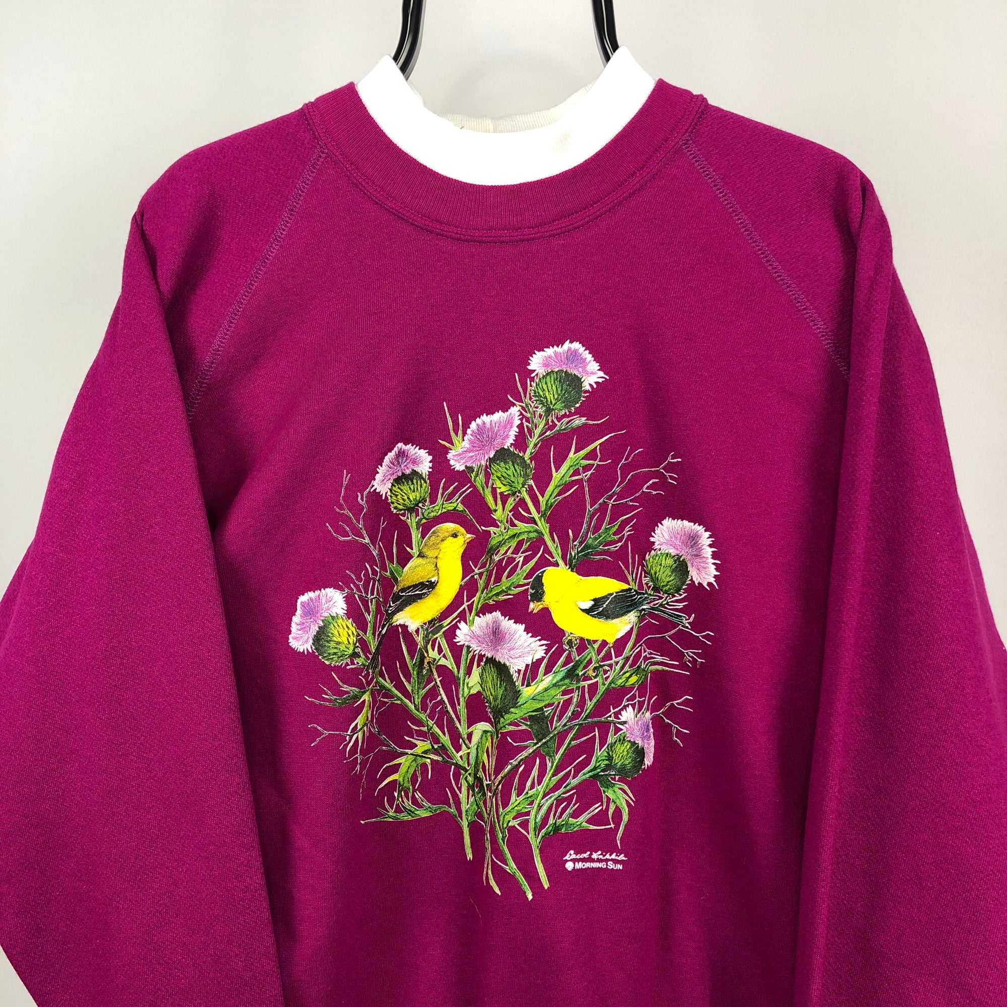 Vintage 'Birds & Flowers' Print Sweatshirt in Pink - Men's Medium/Women's Large