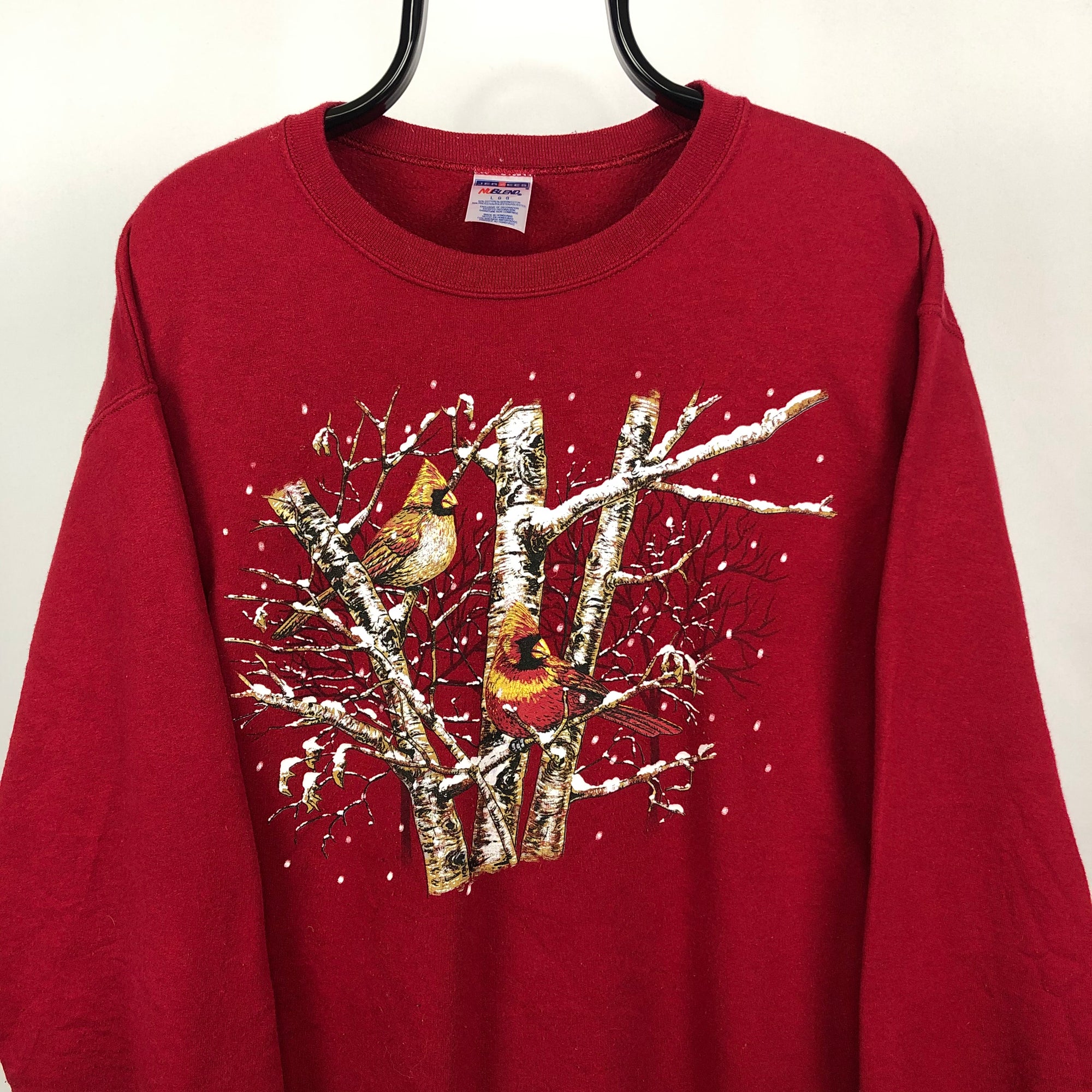 Vintage 'Birds & Trees' Print Sweatshirt in Red - Men's Medium/Women's Large