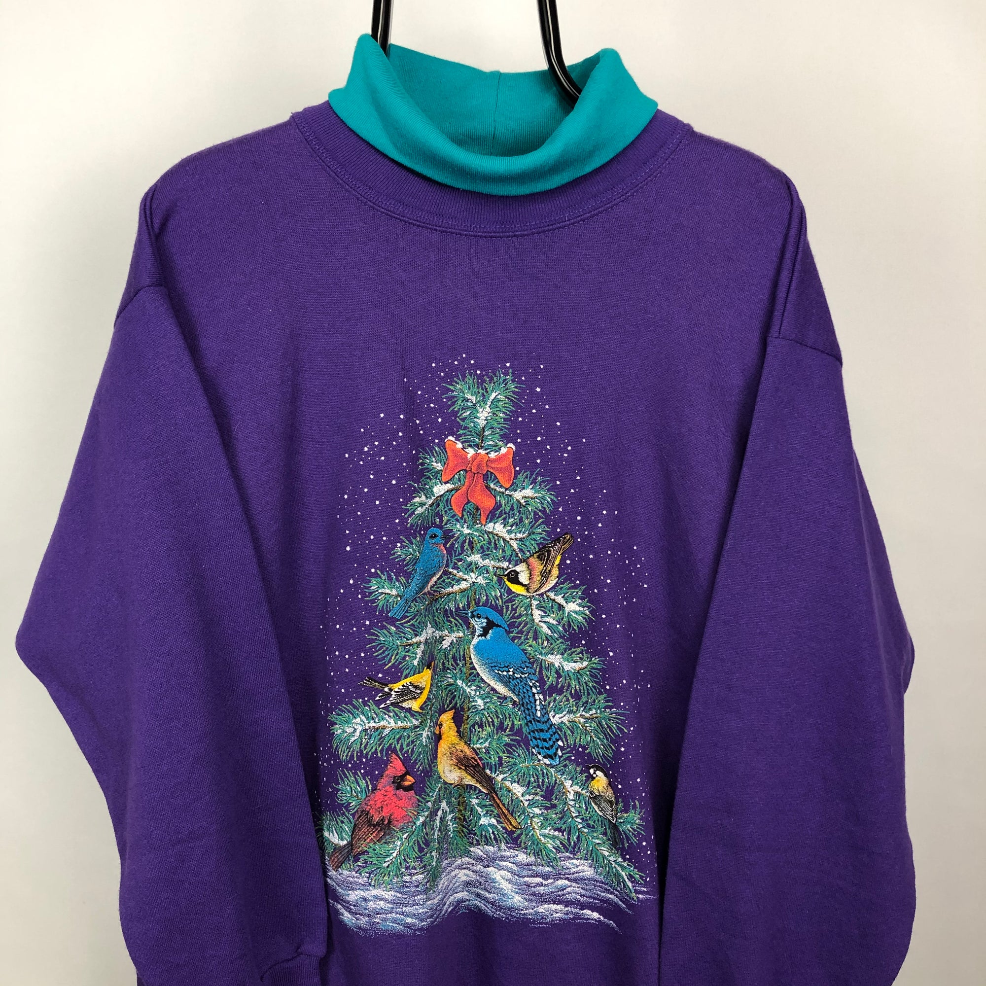 Vintage Christmas Tree Birds Sweatshirt in Purple/Turquoise - Men's XL/Women's XXL