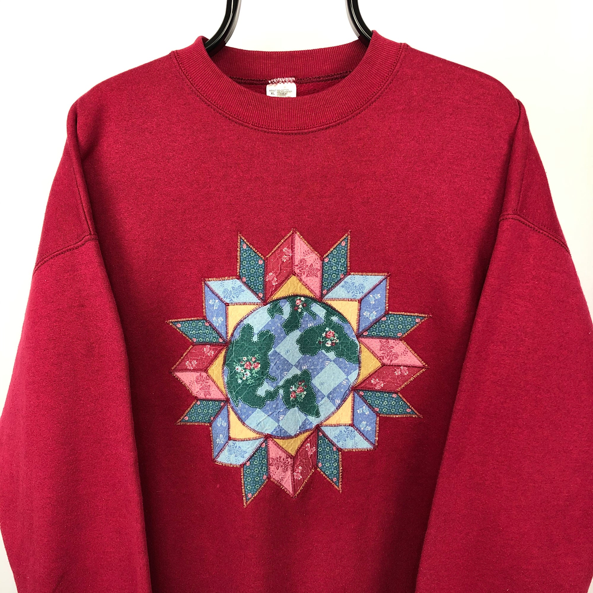 Vintage 90s Earth Patchwork Embroidery Sweatshirt - Men's Large/Women's XL