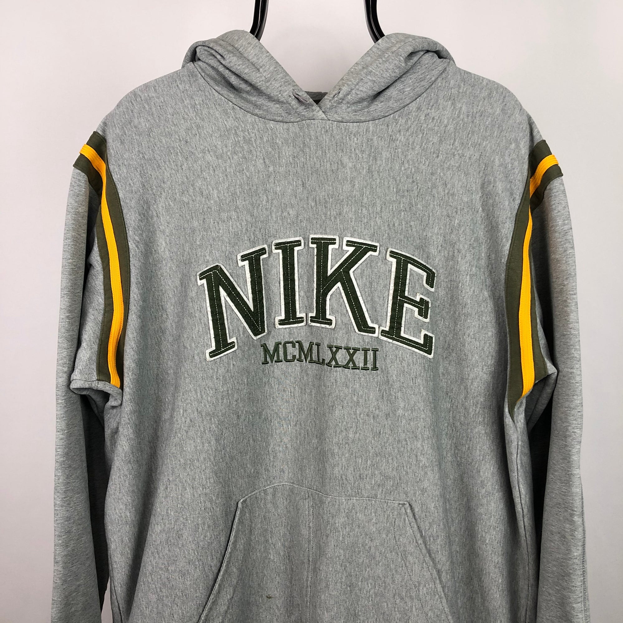Vintage Nike Spellout Hoodie in Grey/Green/Yellow - Men's XL/Women's XXL