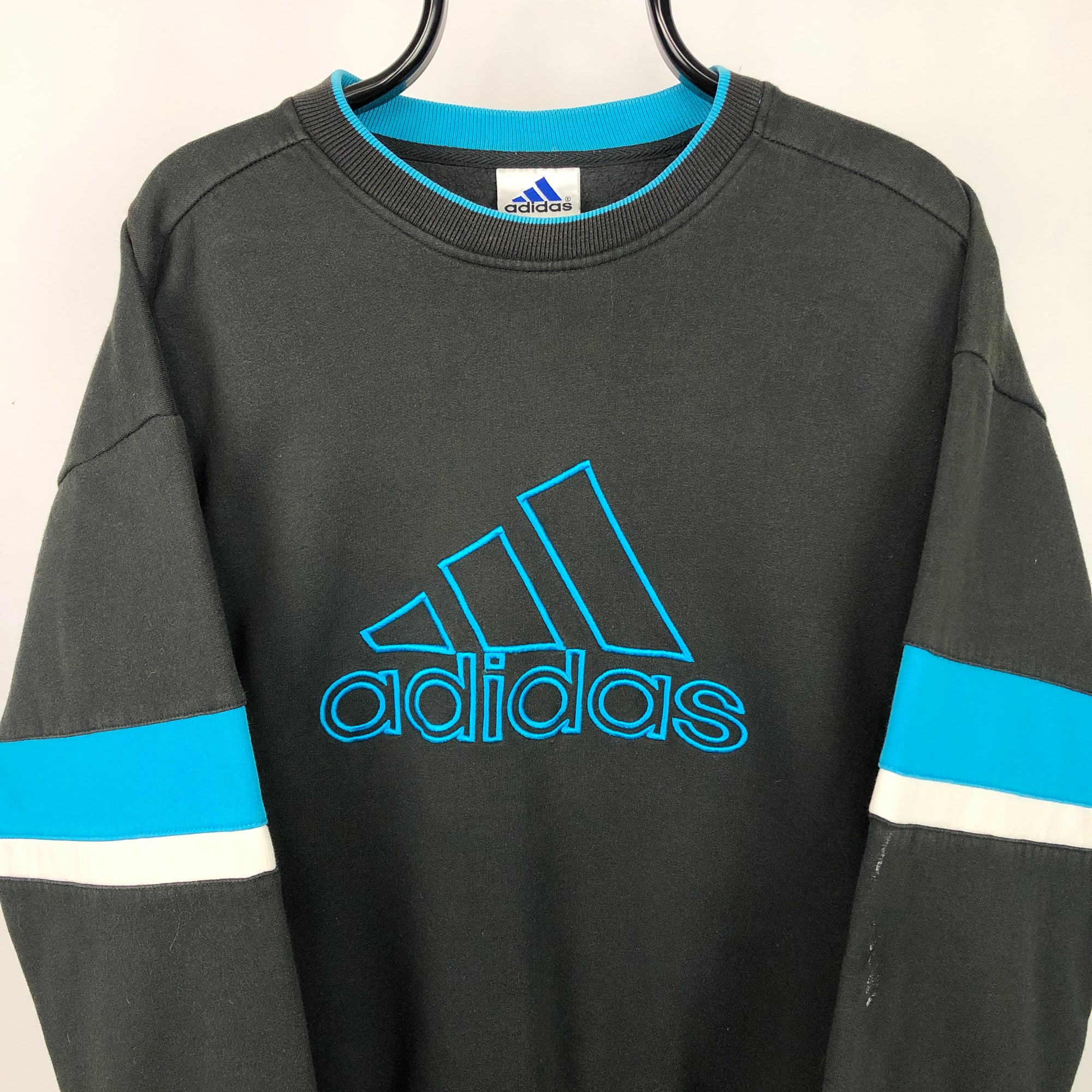 Vintage 90s Adidas Spellout Sweatshirt in Black/Blue/White - Men's Large/Women's XL