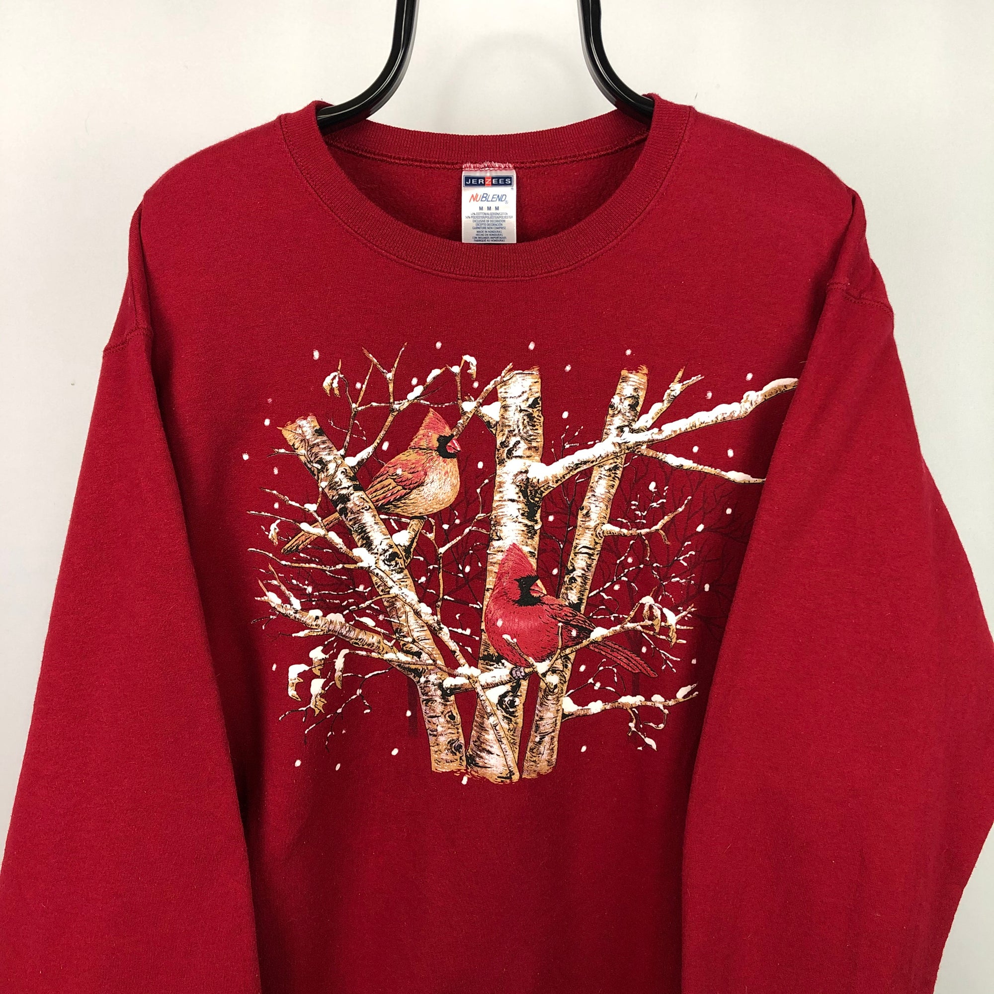 Vintage Winter Birds Print Sweatshirt in Red - Men's Medium/Women's Large